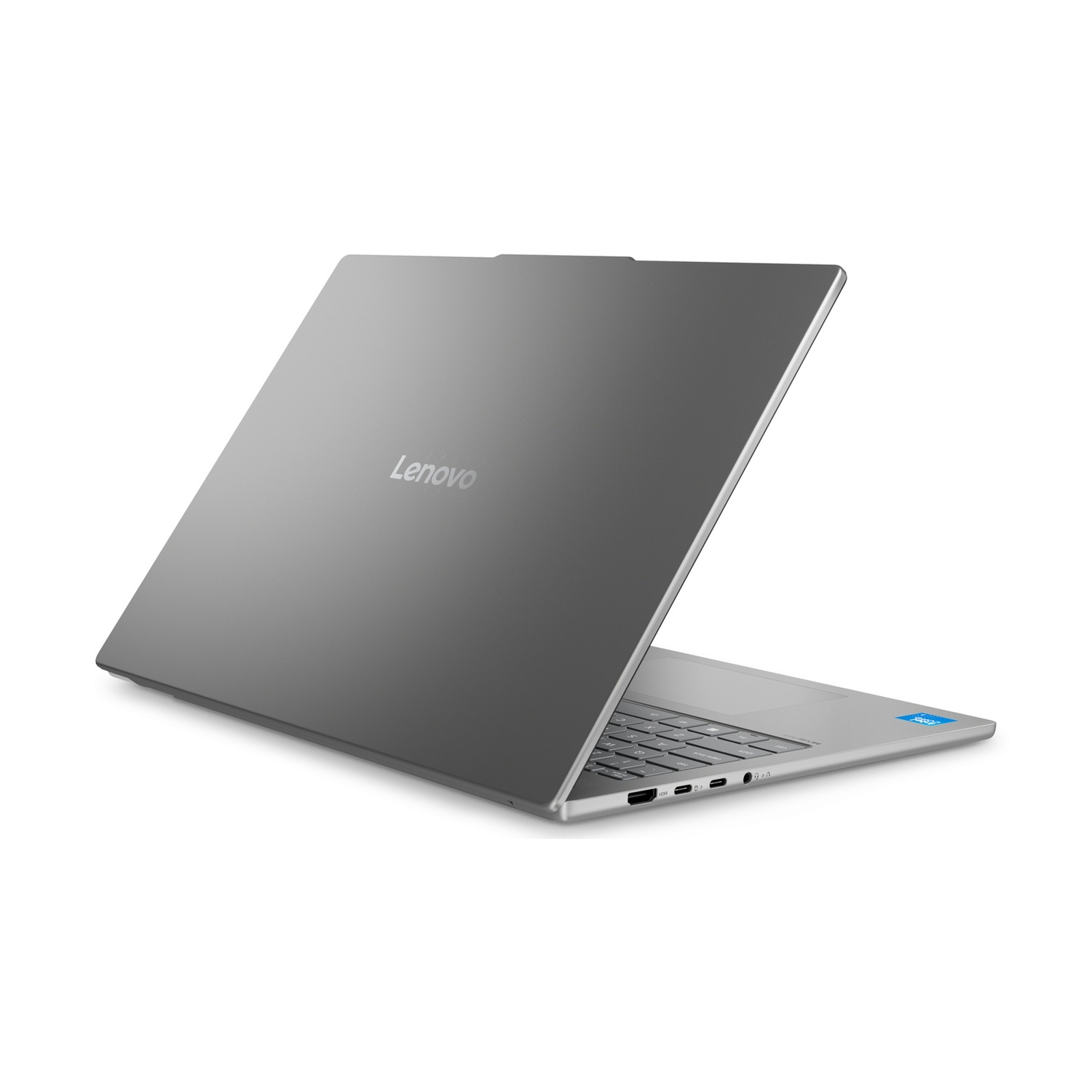 Un laptop argentato chiuso con logo Lenovo sul coperchio.