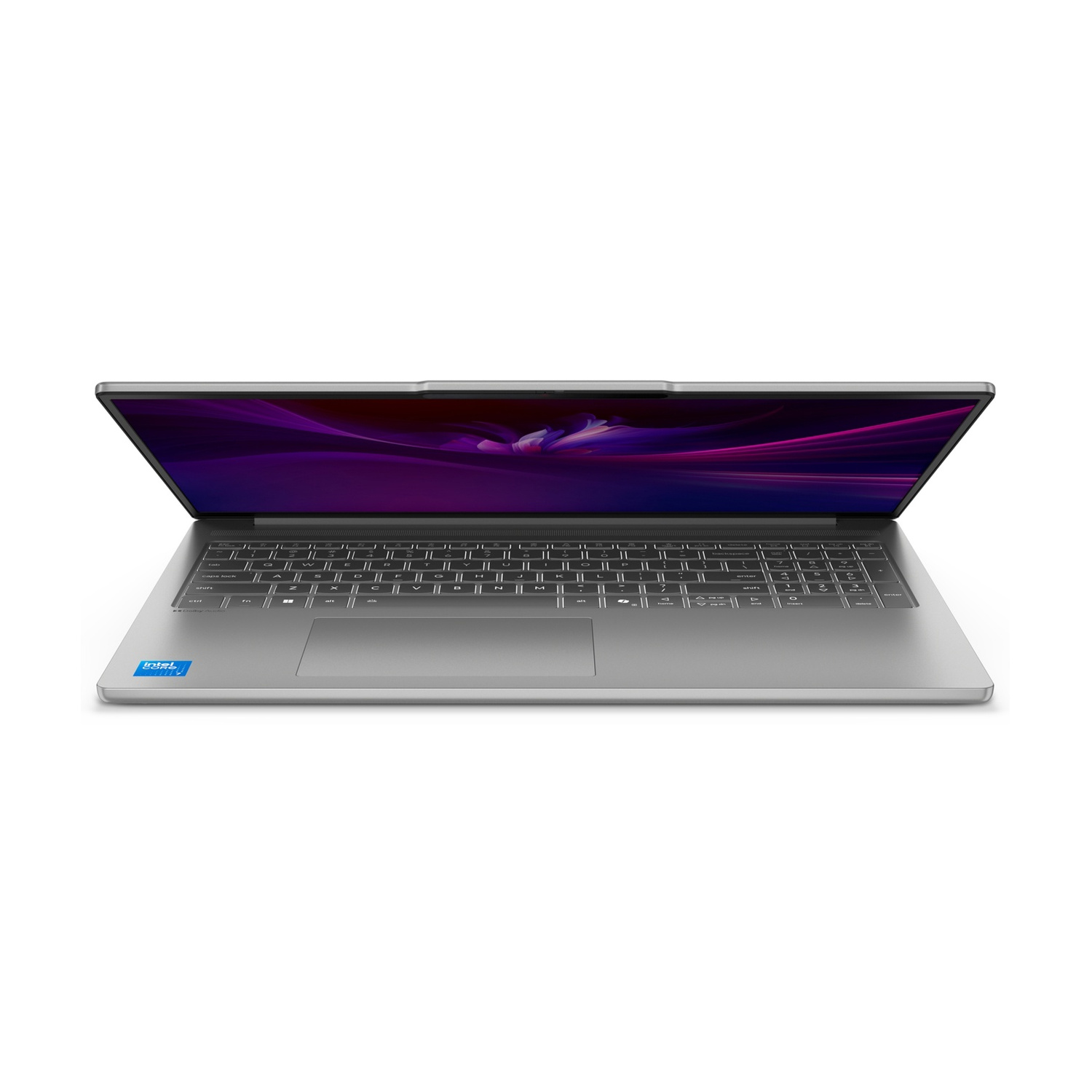 Un laptop argento con lo schermo aperto, che mostra uno sfondo viola.