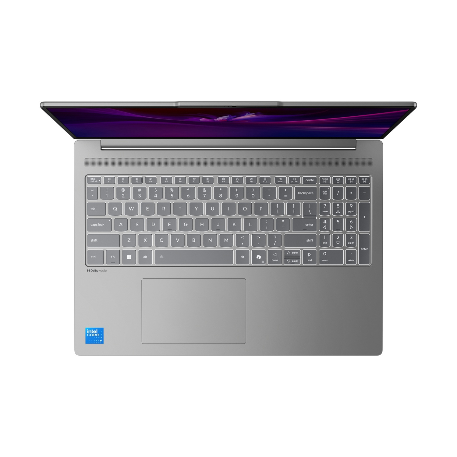 Un laptop argentato con display aperto. Tastiera e touchpad visibili.