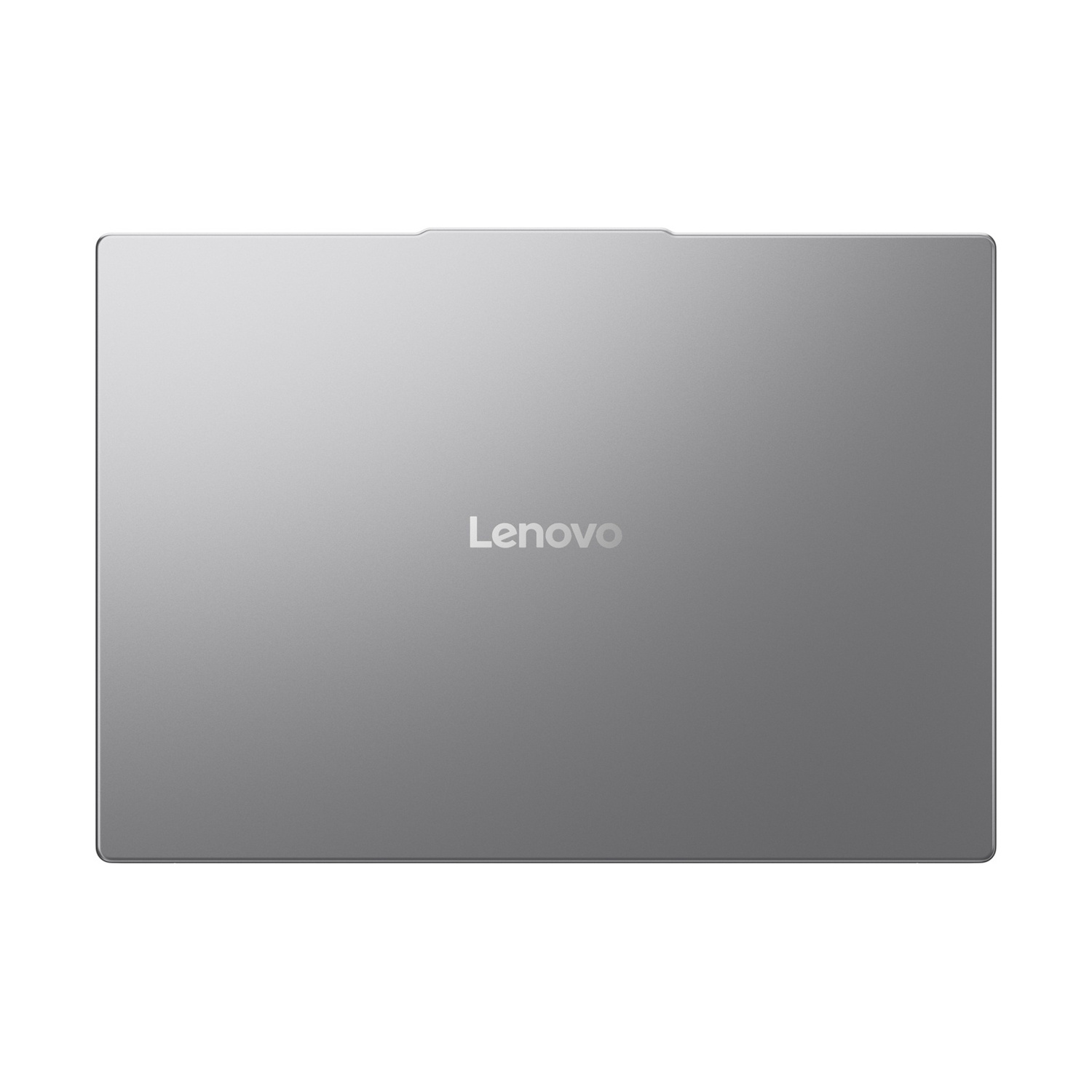 Il coperchio argentato di un laptop Lenovo è mostrato piatto su sfondo bianco.