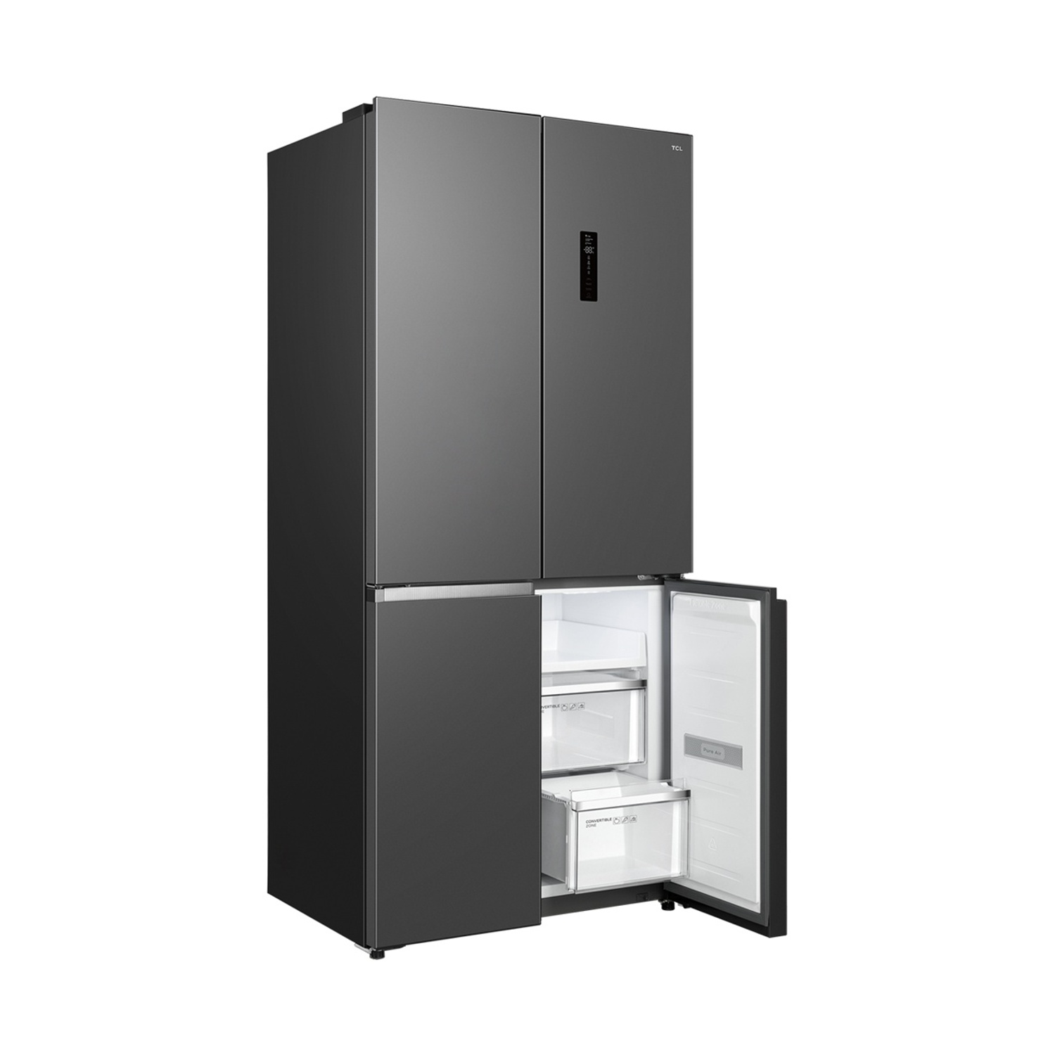 Un elegante frigorifero TCL grigio scuro a quattro porte, uno aperto mostra ripiani e cassetti.