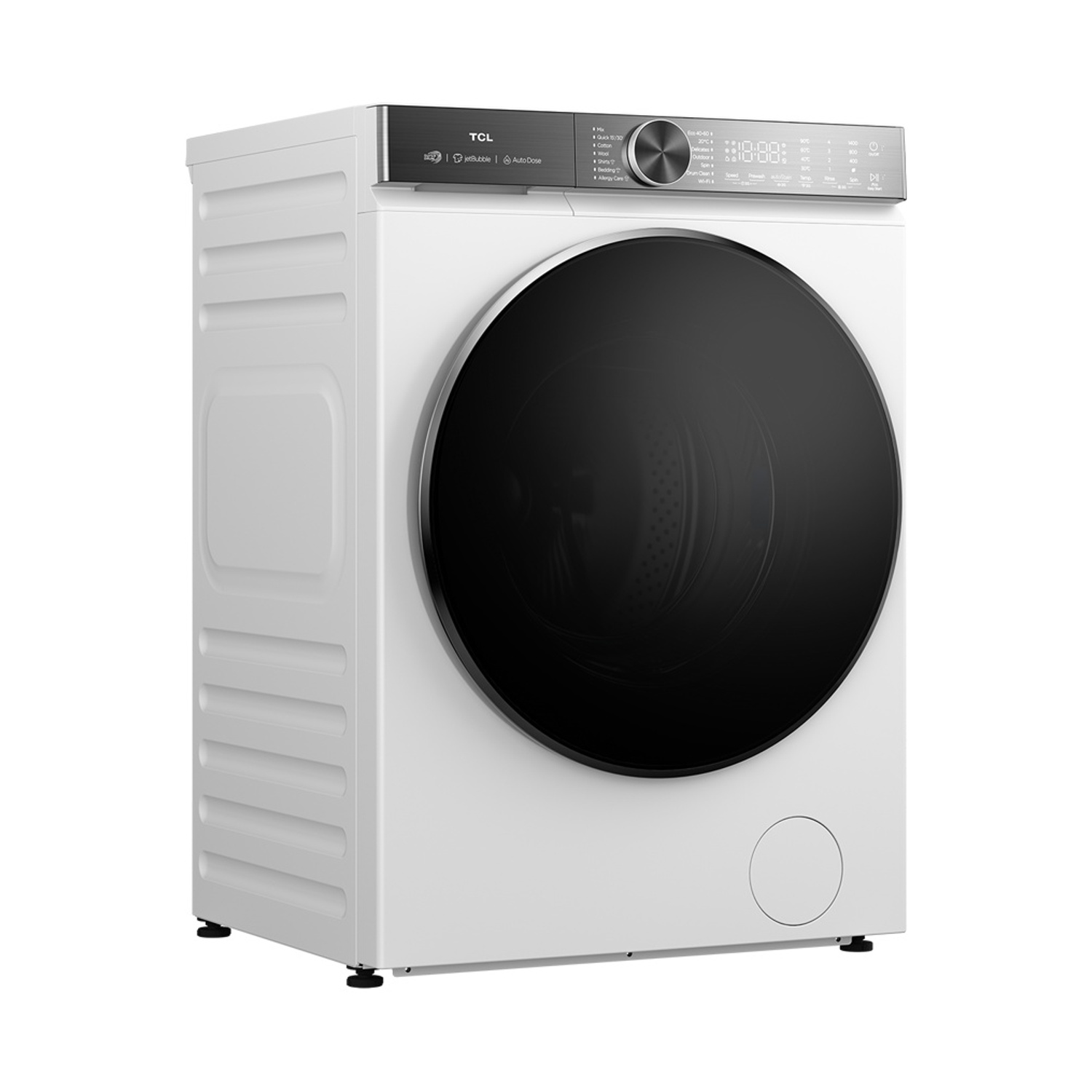 Moderna lavatrice TCL bianca con grande oblò circolare nero e display digitale.