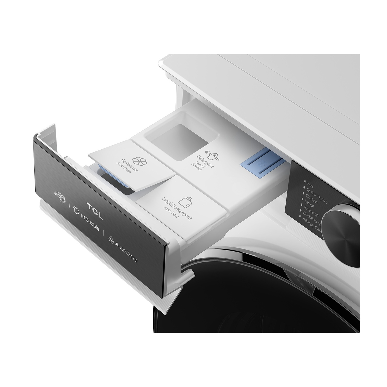 Cassetto detersivo lavatrice con scomparti per ammorbidente e detersivo liquido.