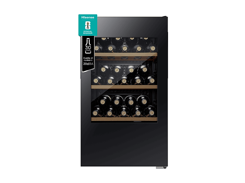 HISENSE RW12D4NWG0 CANTINETTA, 30 bottiglie, 4 ripiani, dimensoni: L 47,5 cm, A 84 P 44,8 temperatura massima 20 °C, minima 5 Nero, classe G