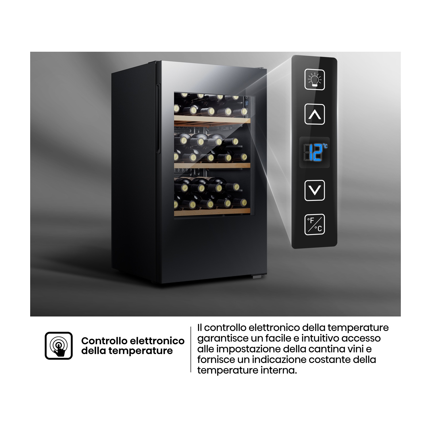 Cantinetta vino nera con porta in vetro, piena di bottiglie. Pannello di controllo touch.