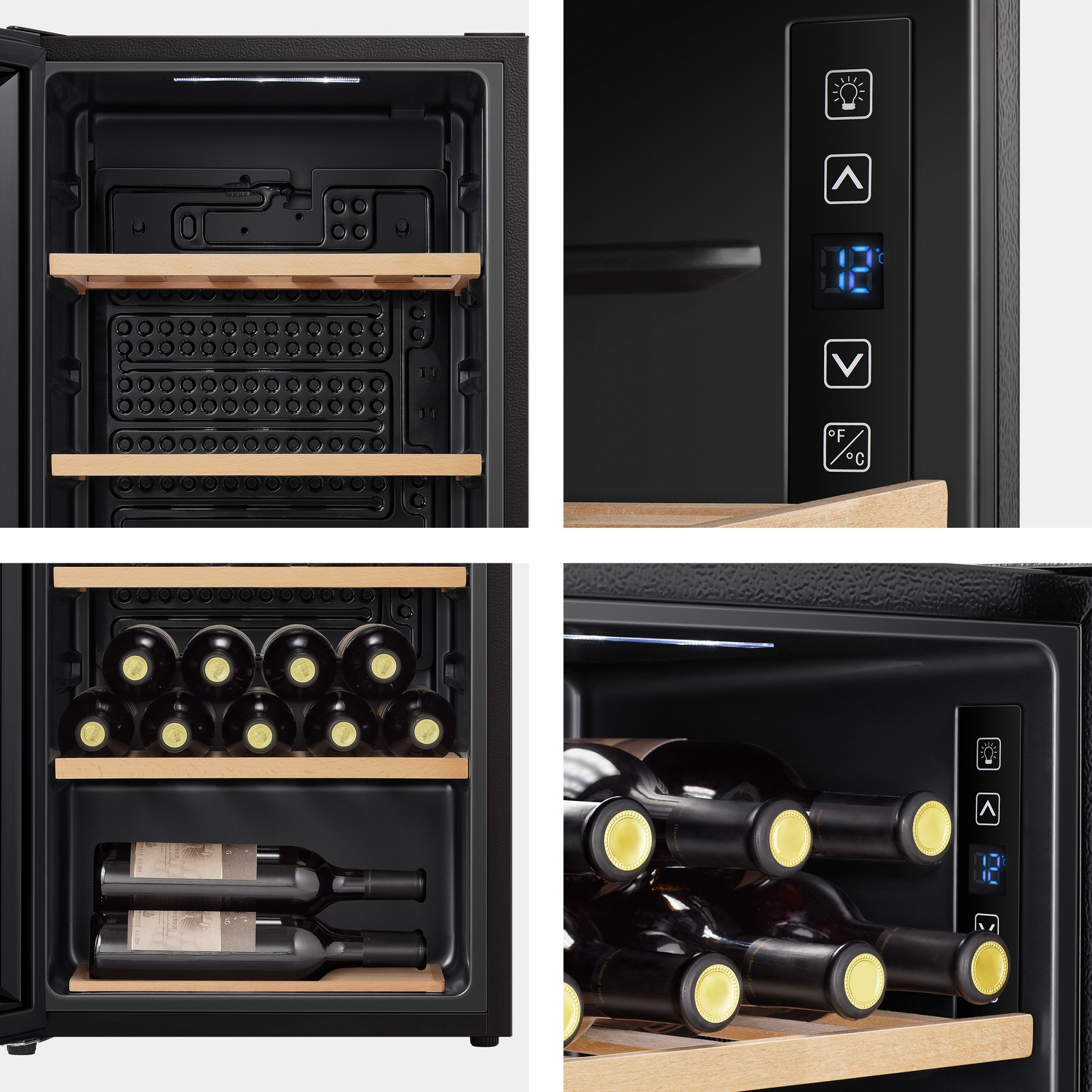 Cantinetta con ripiani e griglie in legno, che mostra la temperatura.
