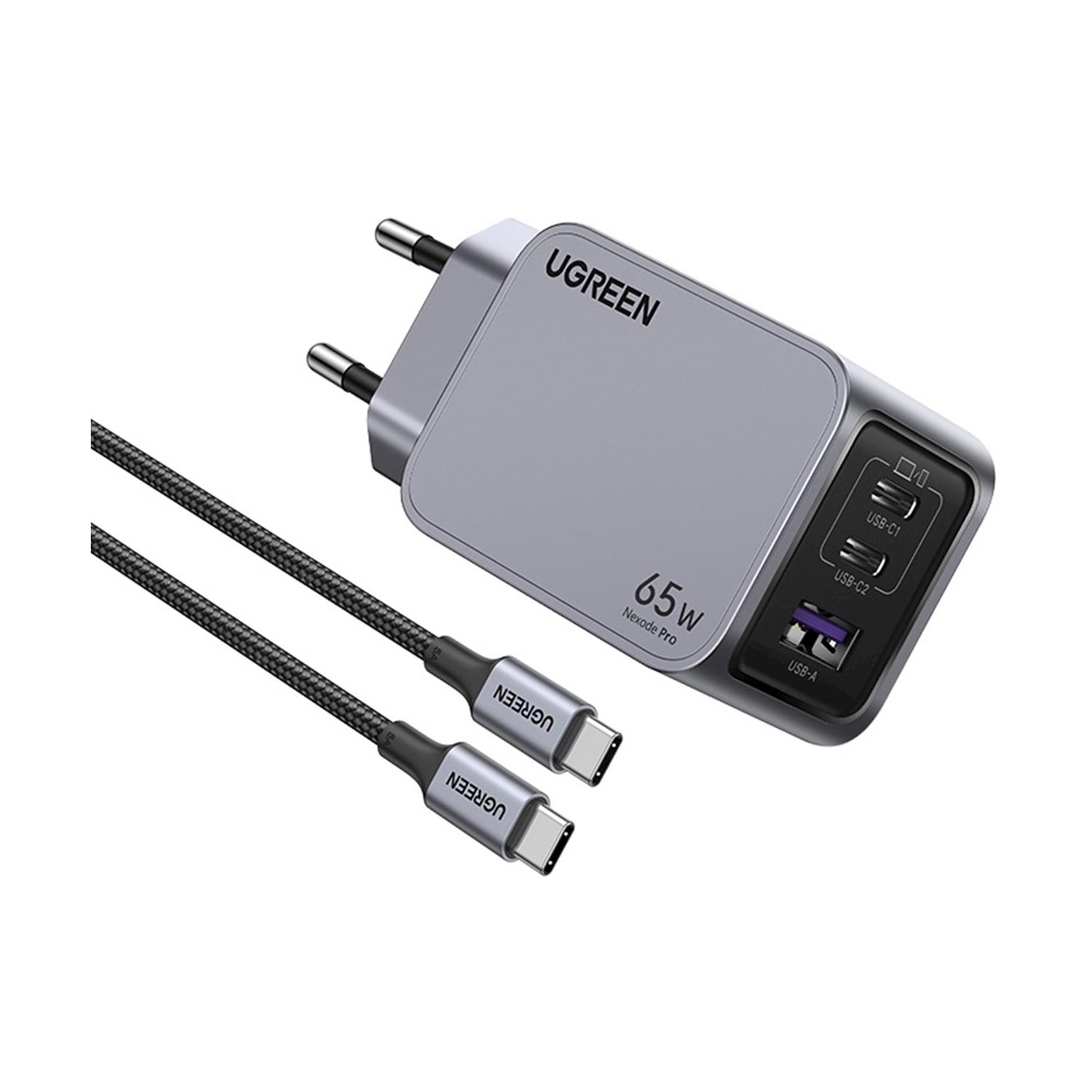 Caricatore UGREEN 65W Nexode Pro argento con due porte USB-C e una USB-A, con cavi.
