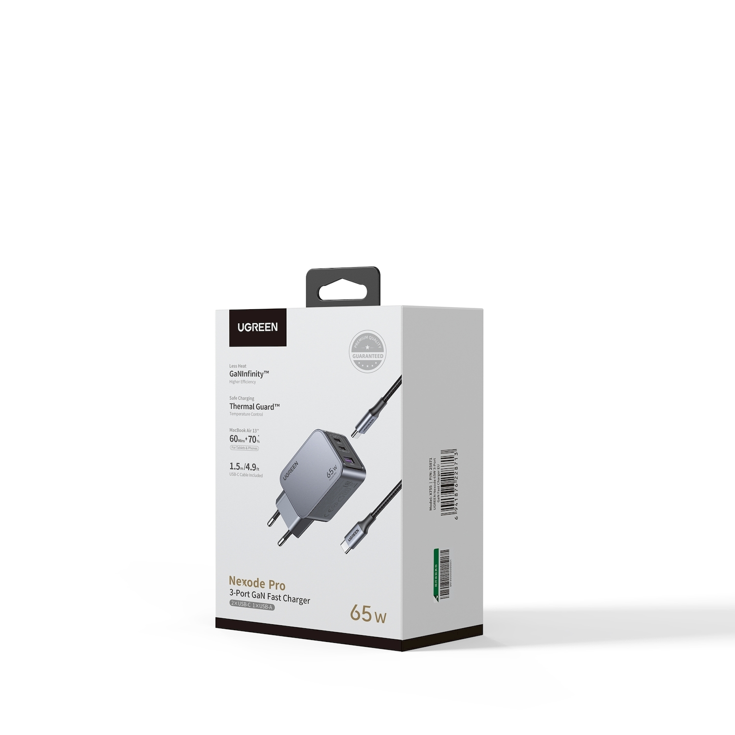 Scatola caricabatterie rapido UGREEN Nexode Pro 65W GaN con caricabatterie e cavi. Scatola bianca.