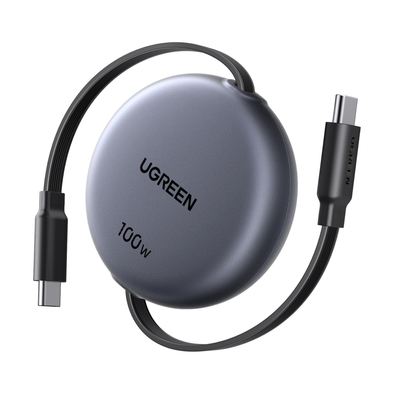 Adattatore di ricarica USB-C UGREEN rotondo grigio da 100W con cavo.