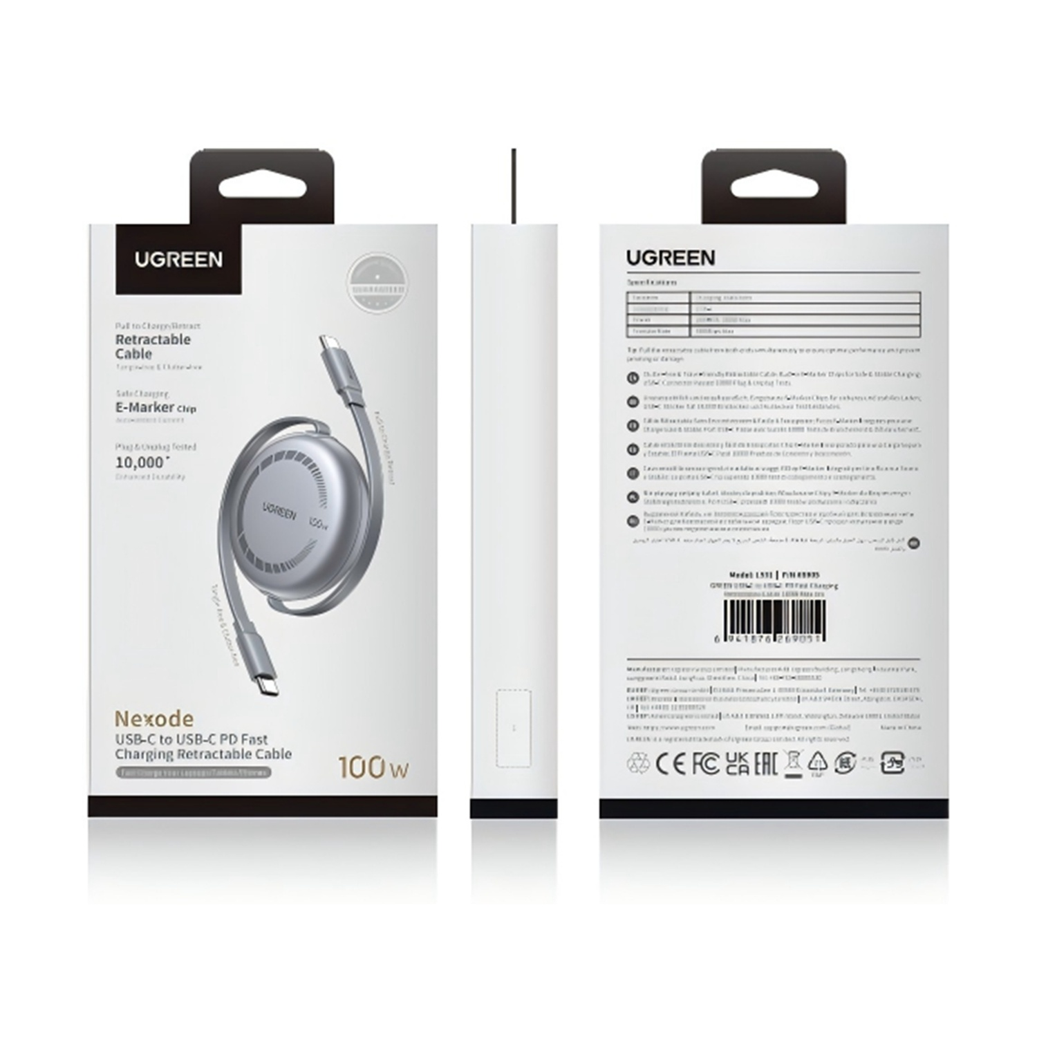 Scatola UGREEN: cavo retrattile USB-C a USB-C, 100W, chip E-Marker.