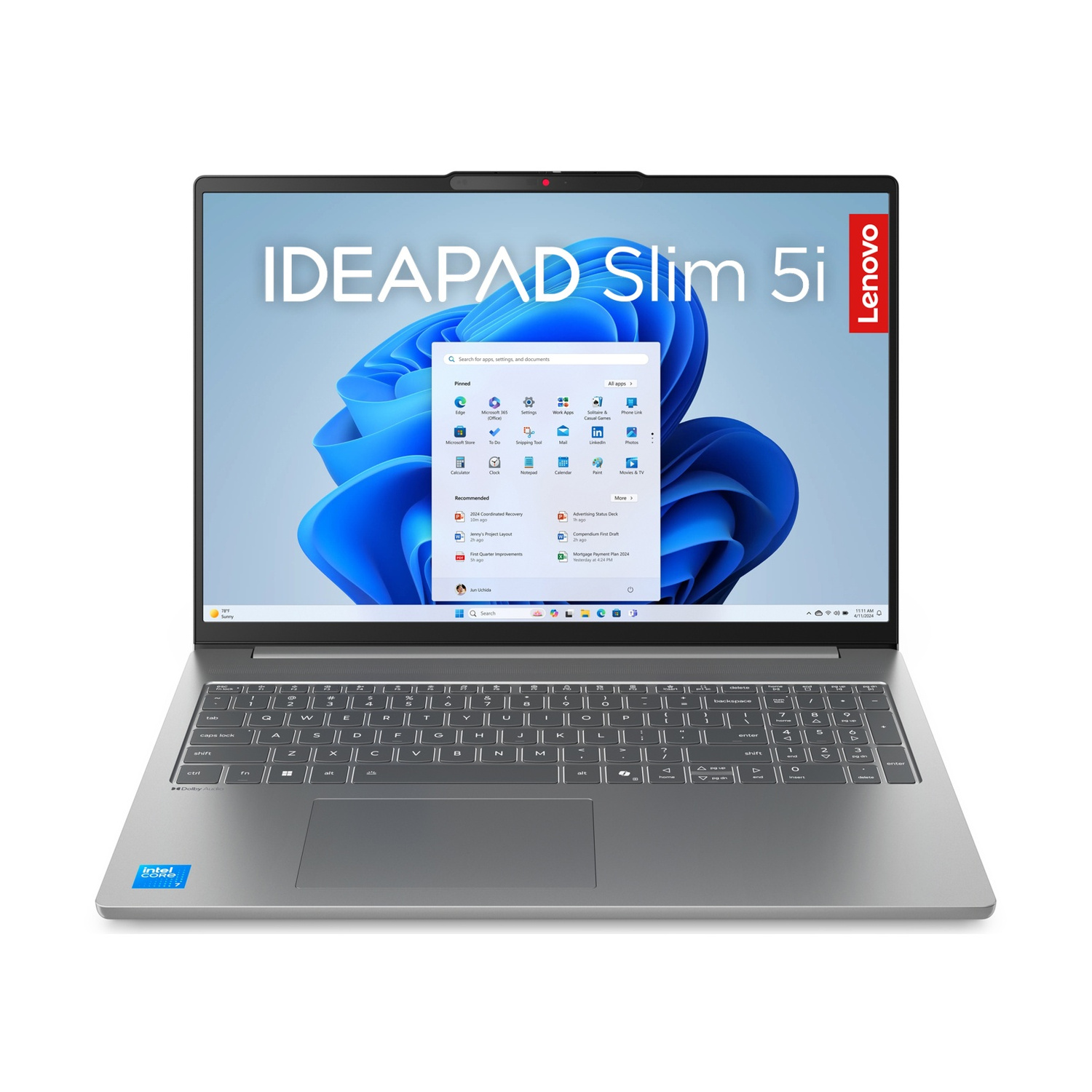 Un laptop Lenovo Ideapad Slim 5i argentato con tastiera retroilluminata e schermata iniziale di Windows 11.