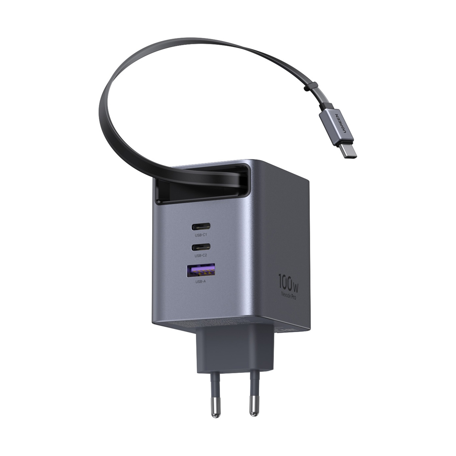 Caricatore USB-C grigio con due porte USB-C, una porta USB-A e un cavo.