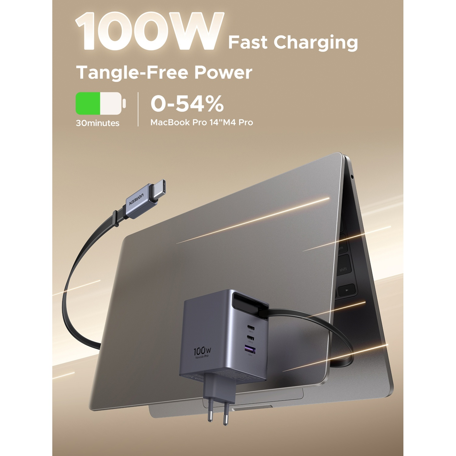 Un caricatore Nexode Pro da 100W carica un MacBook Pro 14" M4 Pro al 54% in 30 min.