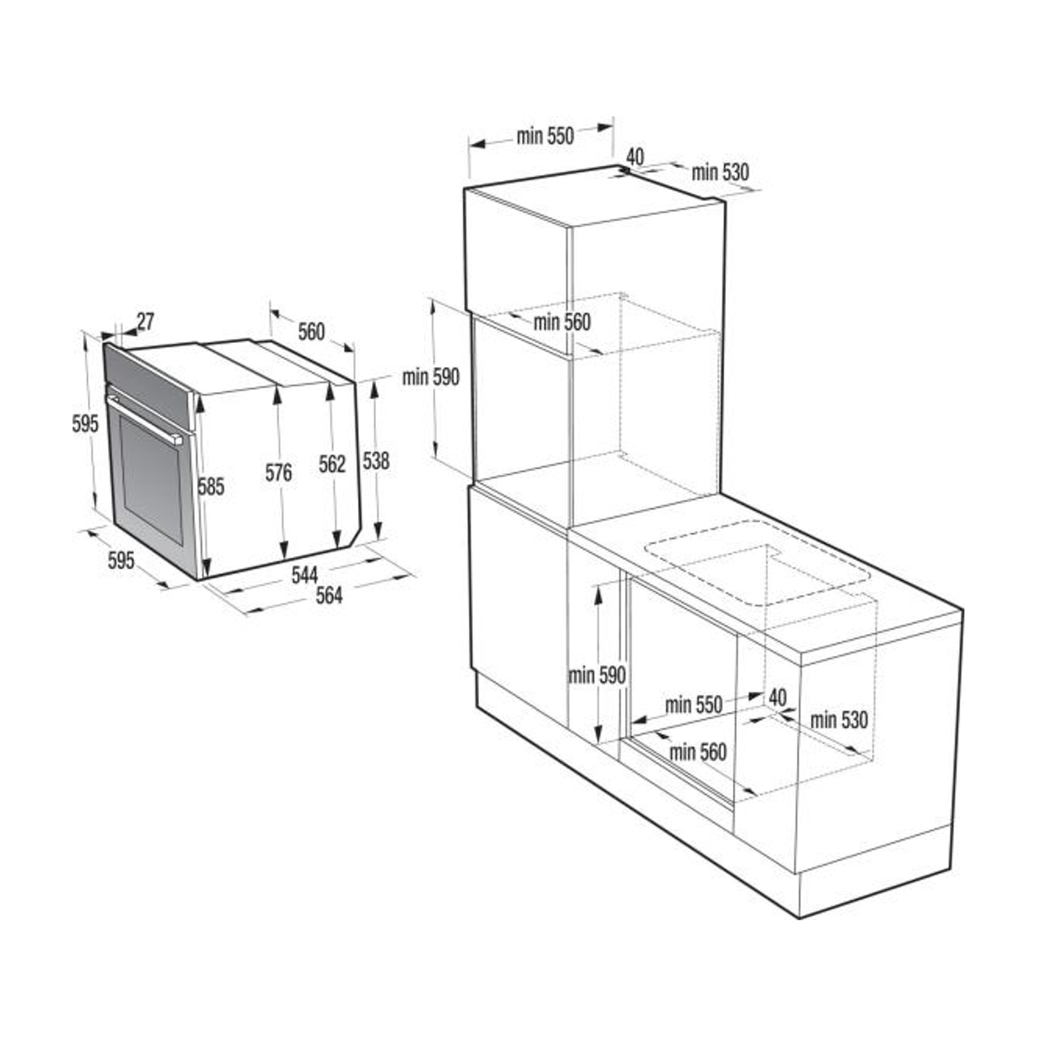 I diagrammi mostrano le dimensioni per elettrodomestici da incasso, inclusi forno e piano cottura.