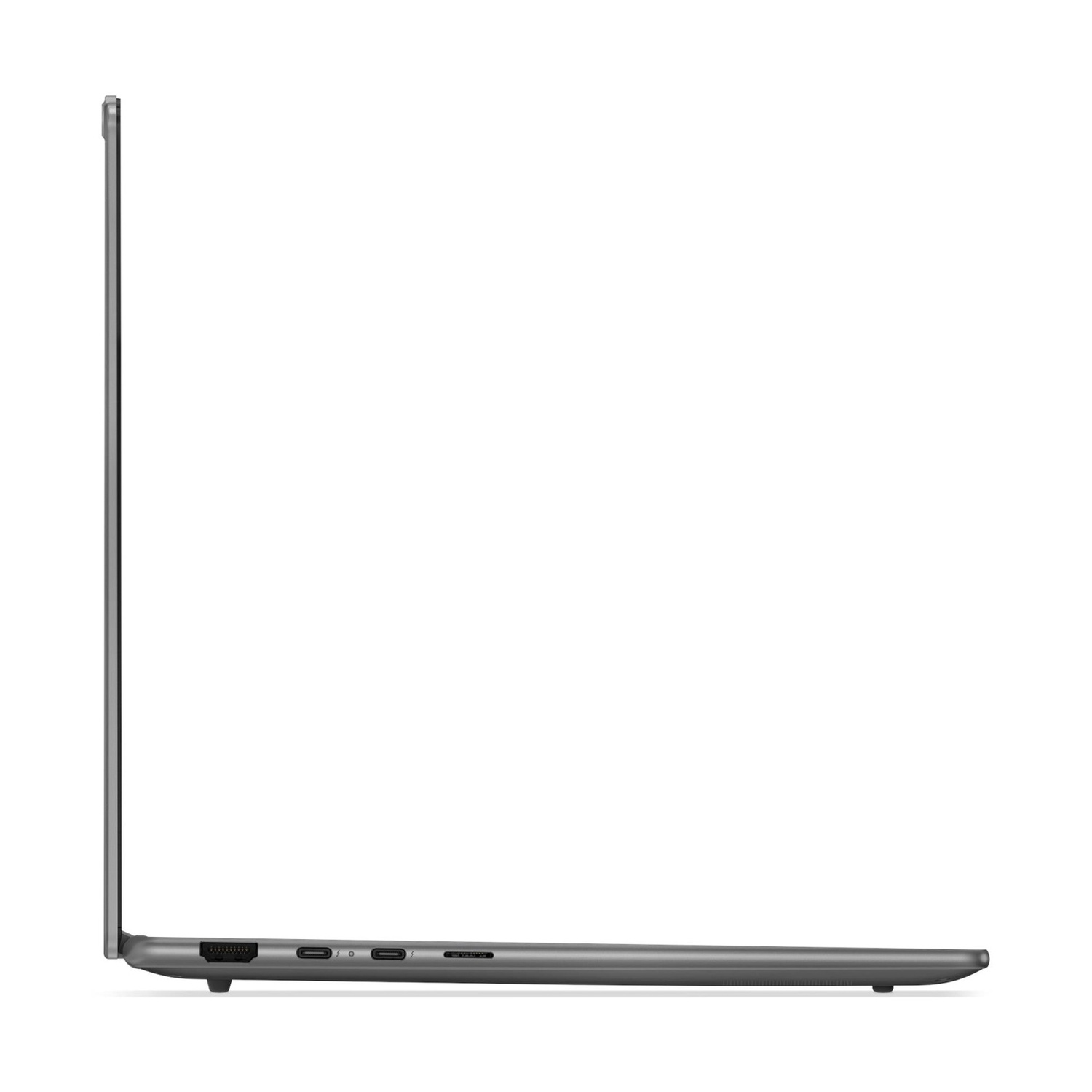Profilo laterale di un laptop grigio con porte. Una presa d'aria è all'estrema sinistra.