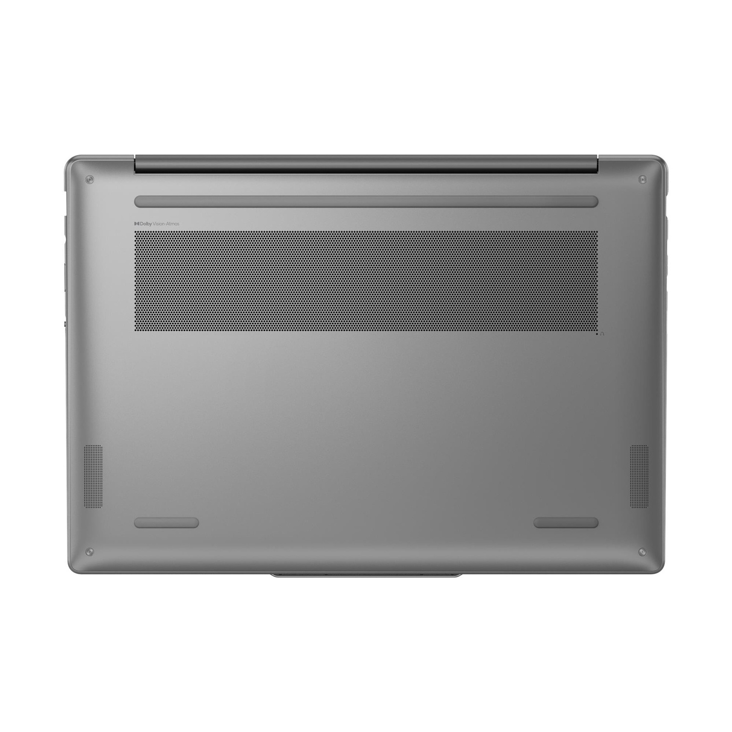 Parte inferiore di un laptop argentato con griglie di ventilazione e marchio Dolby Vision Atmos.