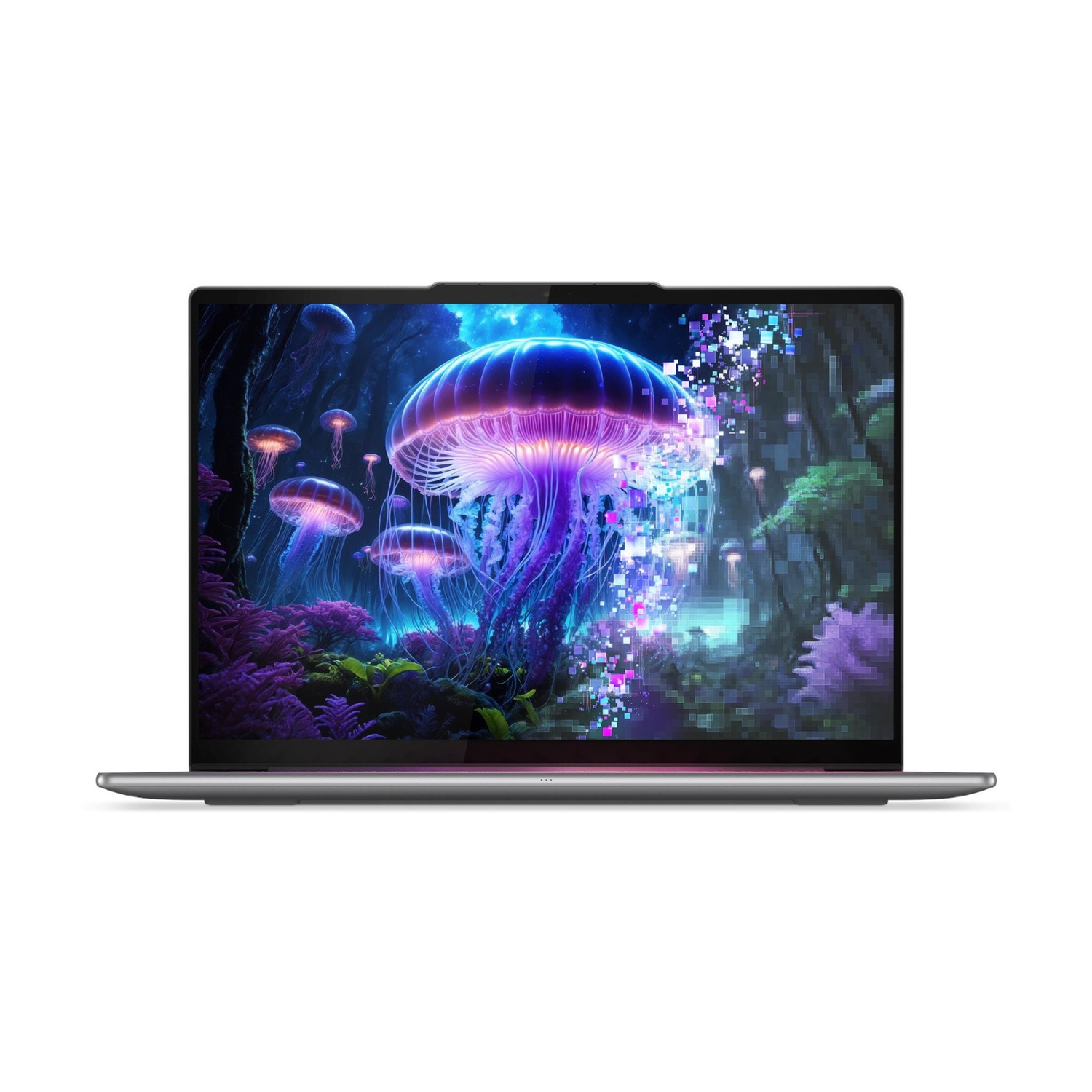Un laptop mostra una scena subacquea digitale con meduse luminose ed effetti pixel.