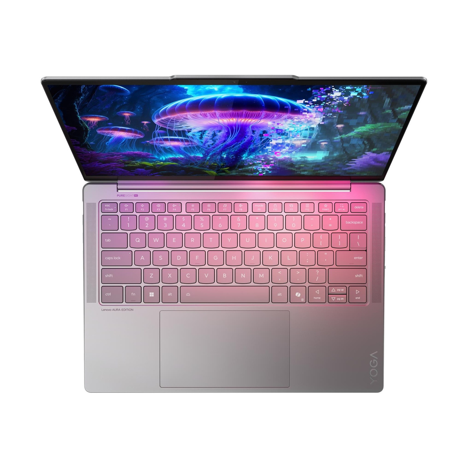 Un laptop aperto con uno sfondo colorato di meduse.