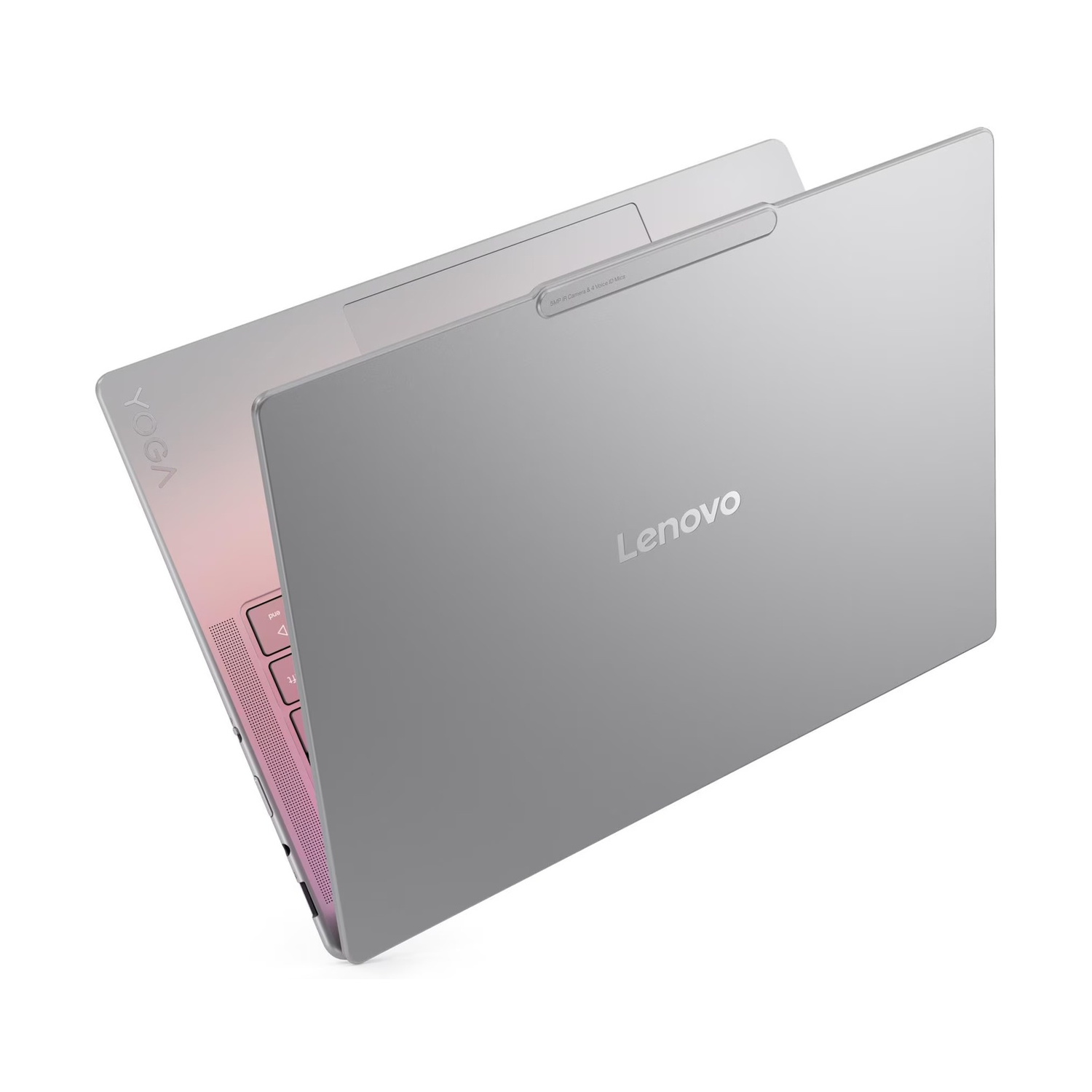 Un laptop Lenovo Yoga argentato chiuso con tastiera rosa.