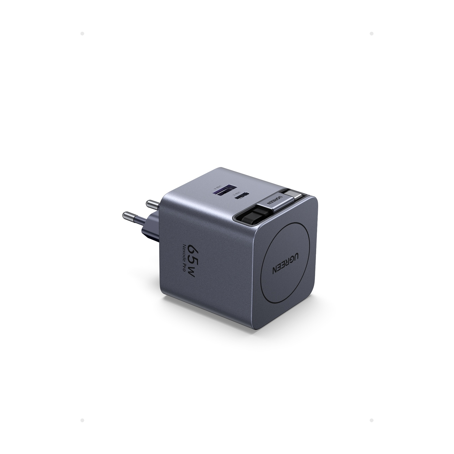 Caricatore USB-C Nexode Pro grigio da 65W con due porte USB-C e una porta USB-A.
