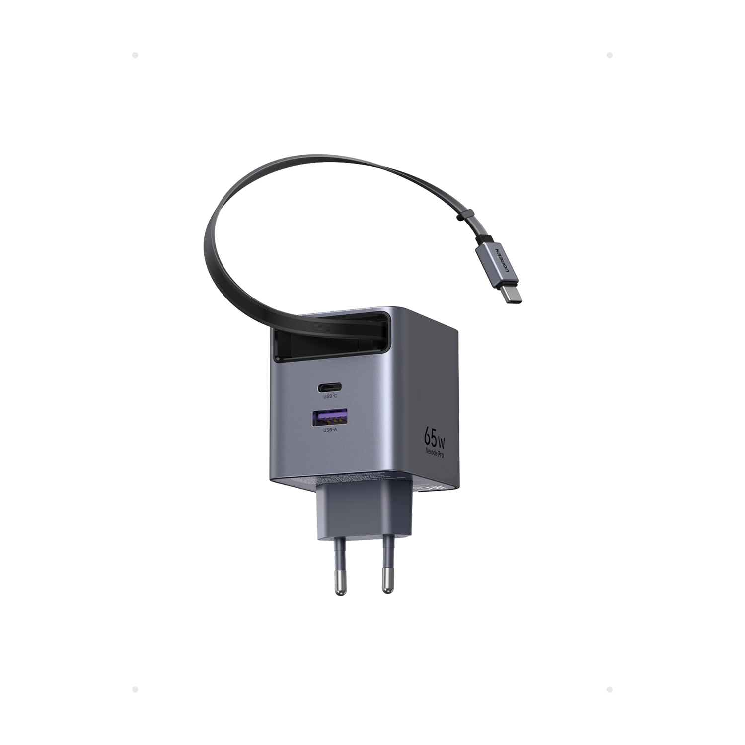 Caricatore USB grigio con cavo e porta USB-C, 65W.