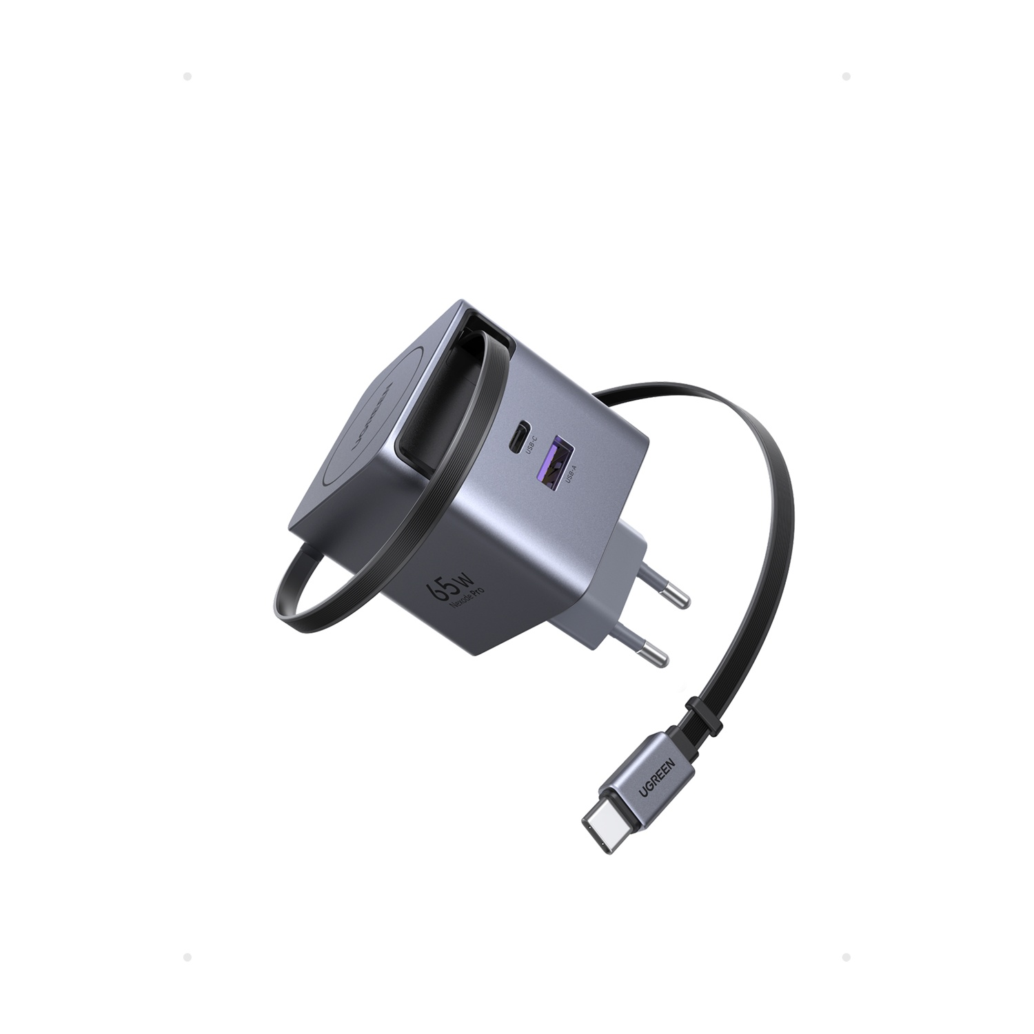 Un caricatore USB-C grigio da 65W con cavo nero e porte USB-A/C.