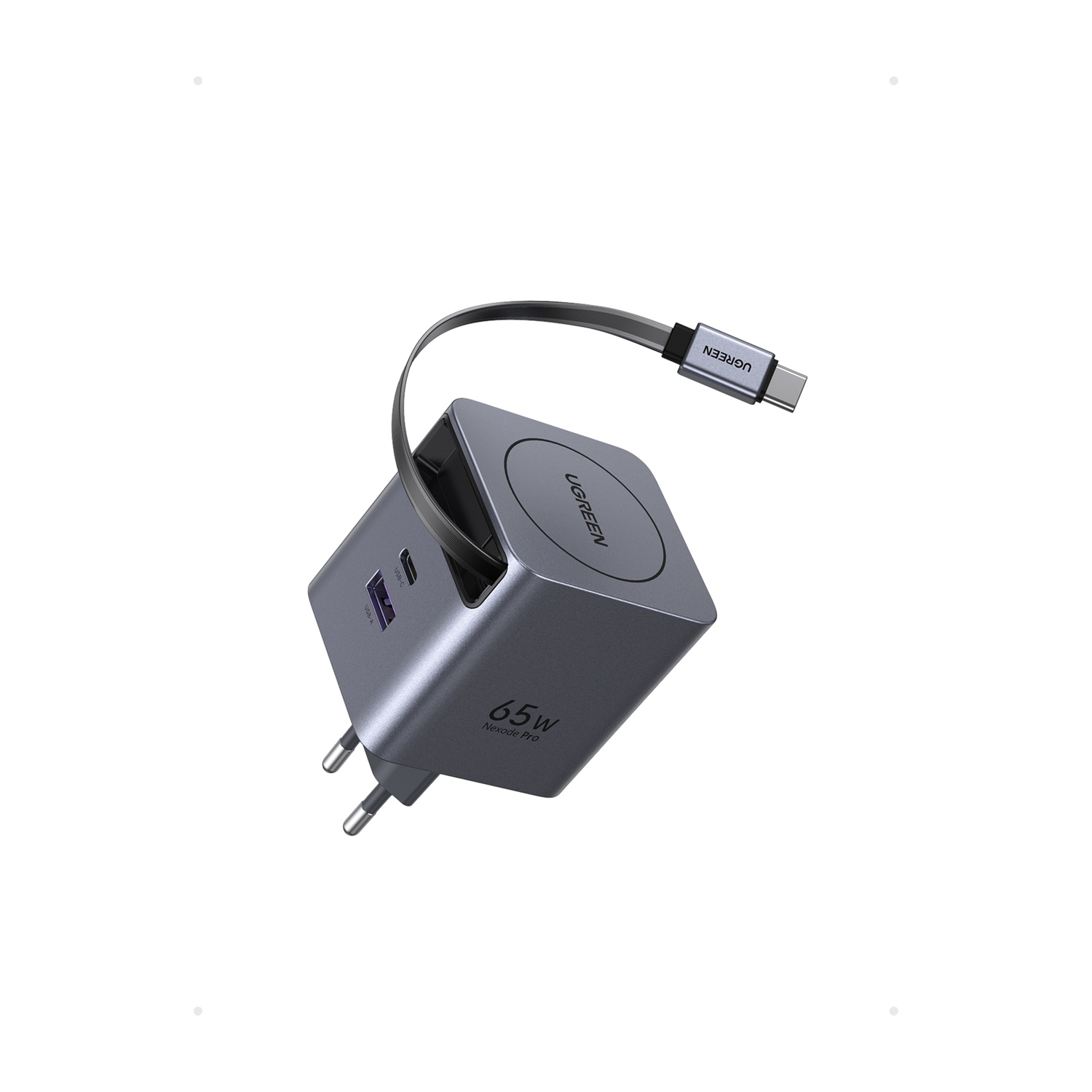 Caricatore USB-C grigio da 65W con cavo e spina.
