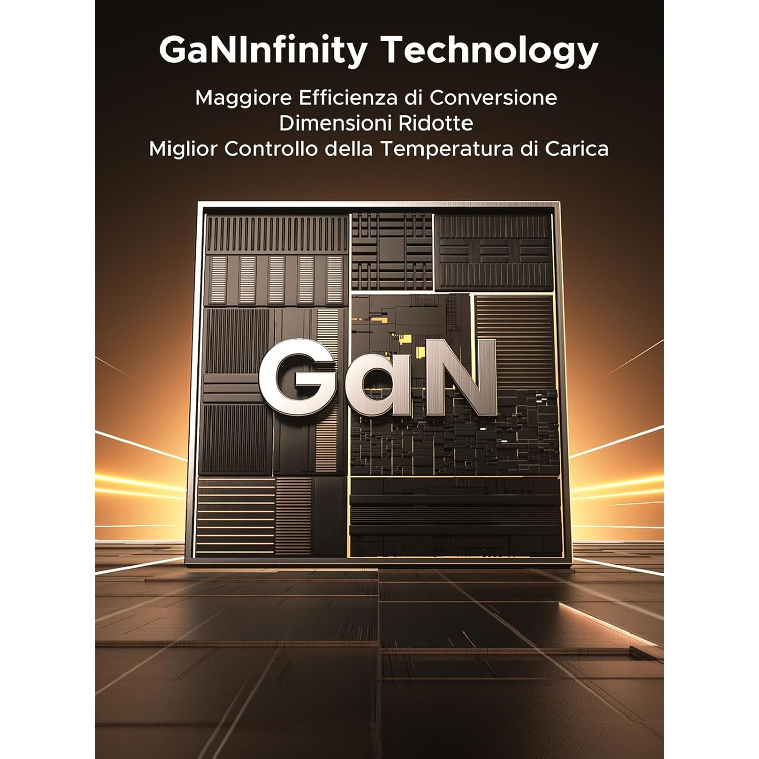 Illustrazione 3D di un chip GaN stilizzato con logo "GaN".