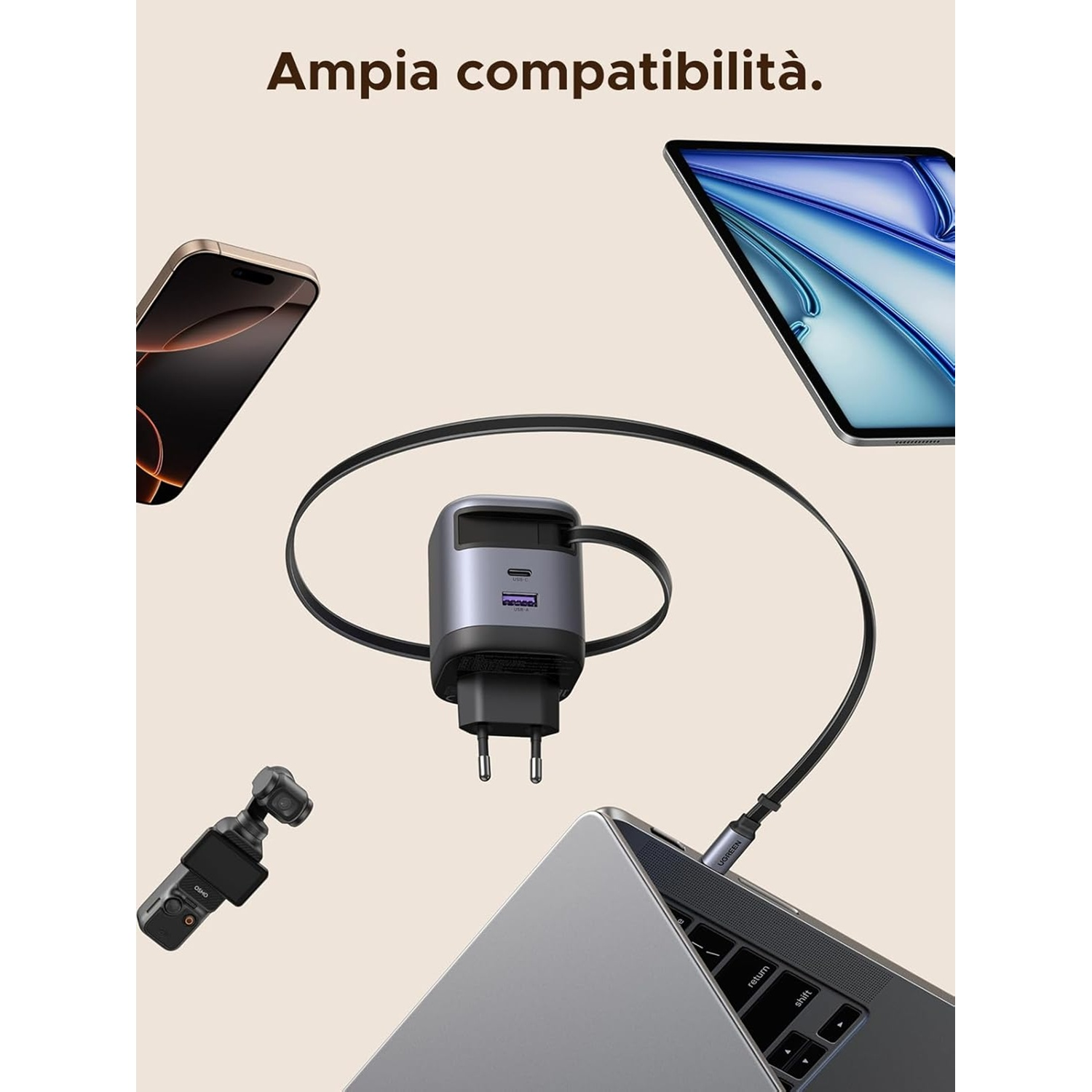 Caricatore collega laptop, telefono e tablet. Piccolo gimbal accanto.