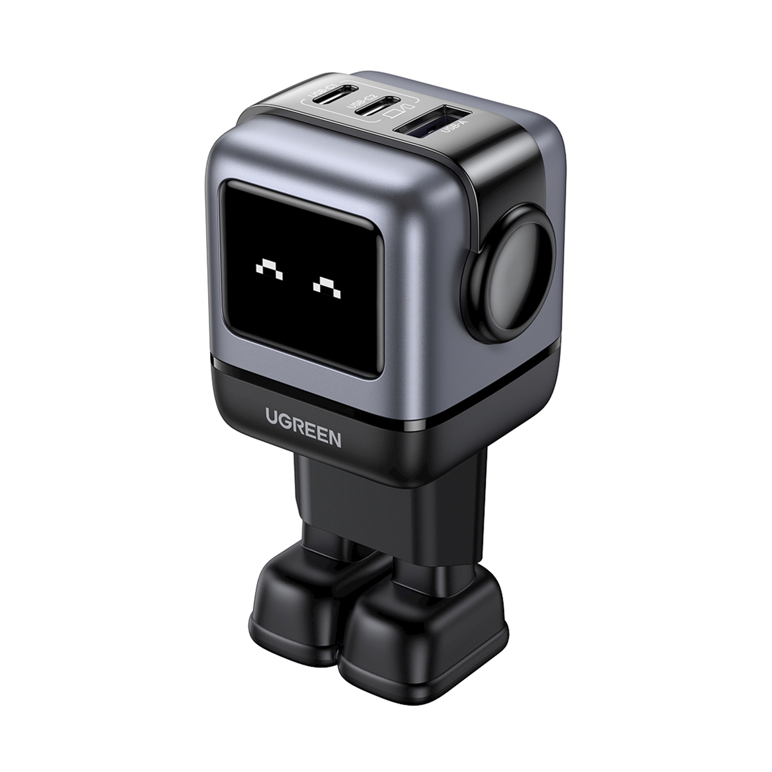 Caricabatterie robot grigio con porte USB e schermo che mostra occhi.