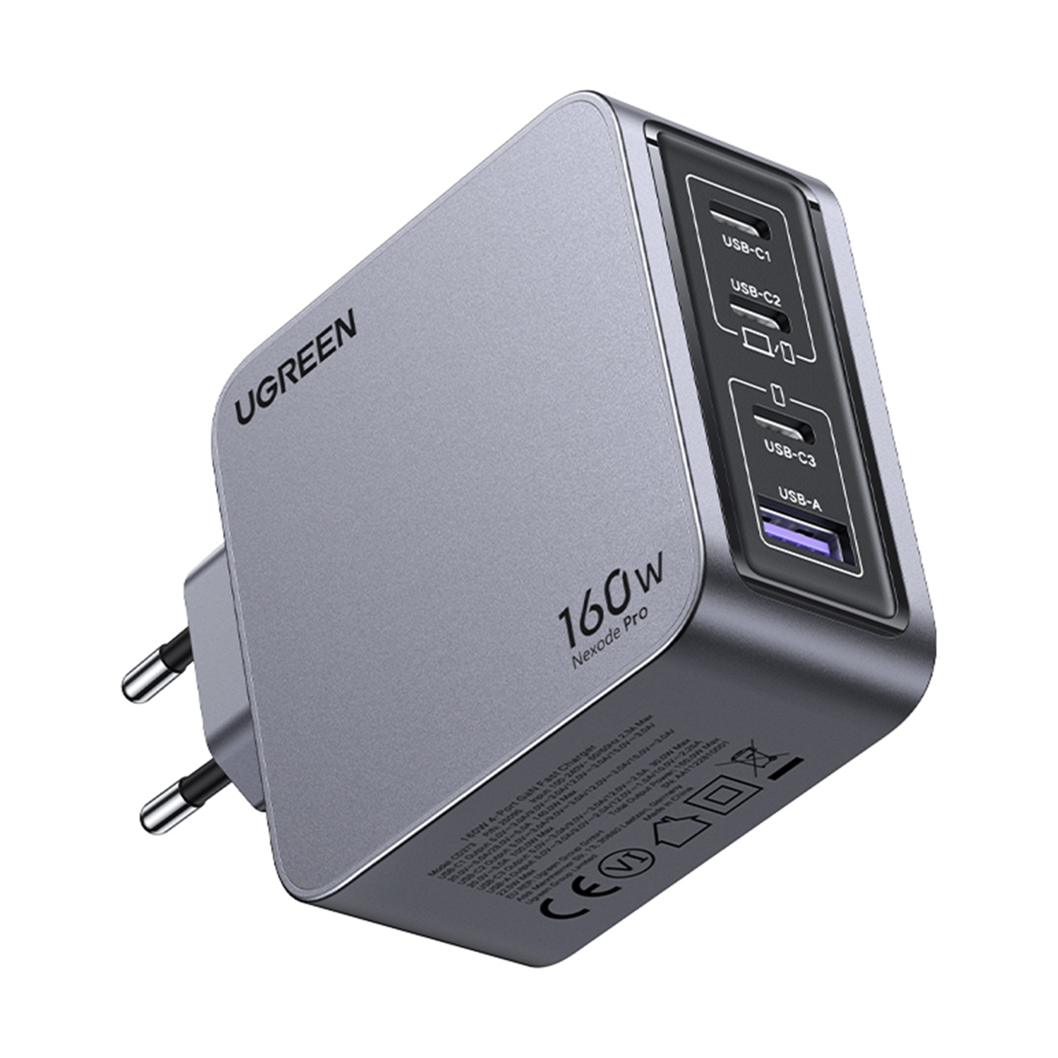 Caricatore grigio UGREEN 160W Nexode Pro con 3 porte USB-C e 1 USB-A.