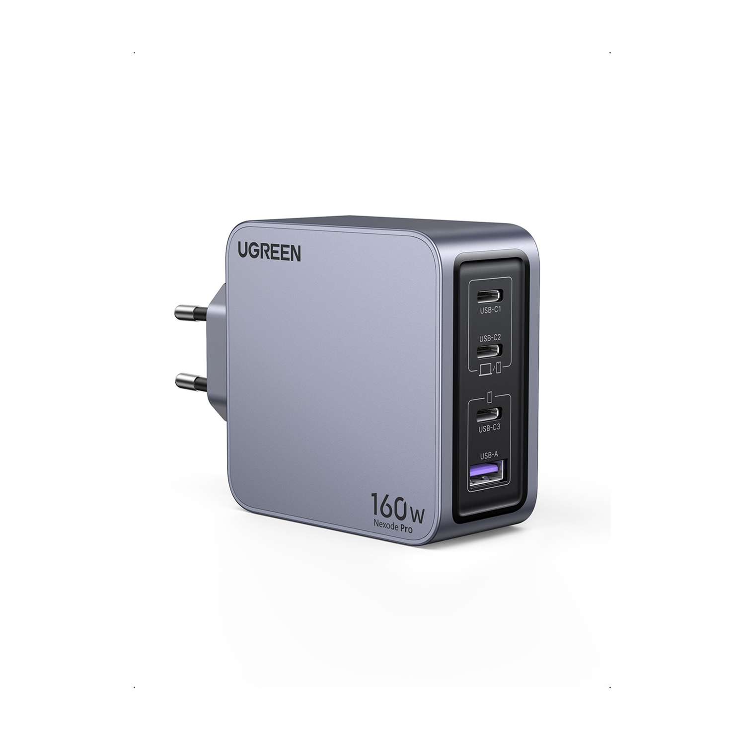 Adattatore di alimentazione grigio UGREEN 160W Nexode Pro con 3 porte USB-C e 1 USB-A.