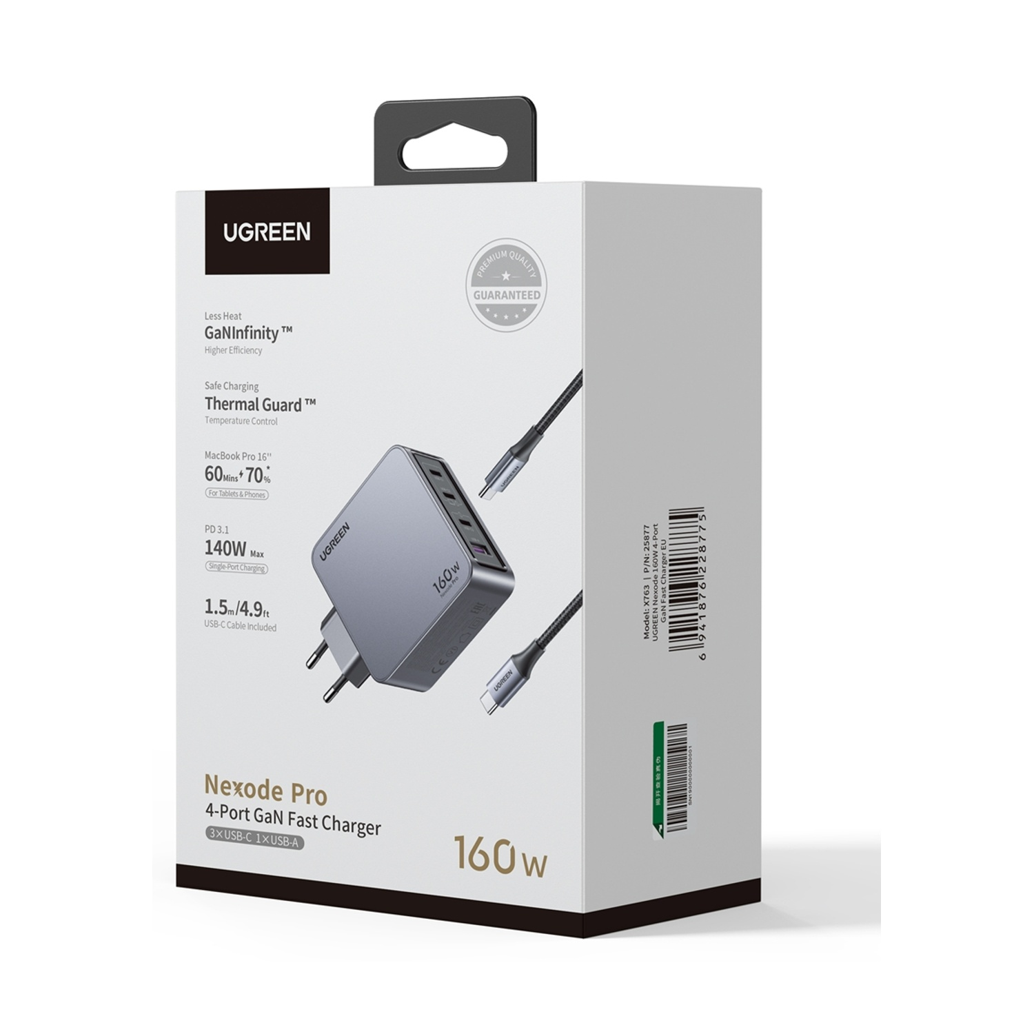 Caricatore UGREEN Nexode Pro 160W 4 porte GaN con cavo su scatola prodotto.