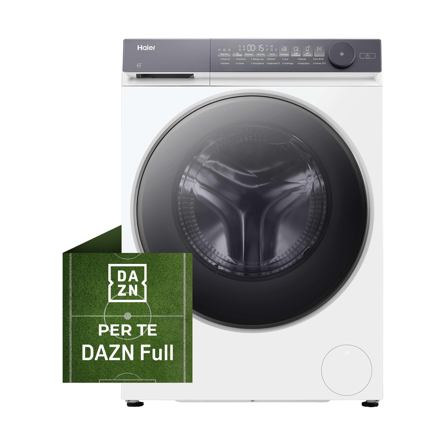 Una lavatrice Haier bianca con pannello di controllo grigio scuro. Davanti una carta verde con logo e testo DAZN.