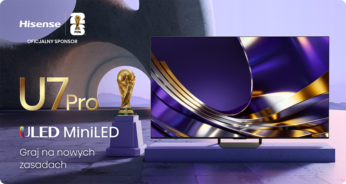 Telewizor Hisense U7 Pro ULED MiniLED z pucharem świata i abstrakcyjnymi fioletowo-złotymi falami.