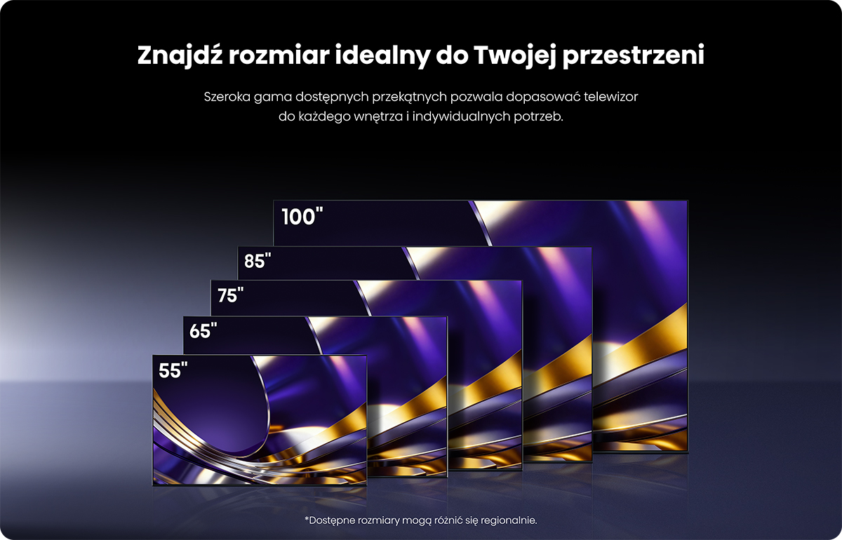 Abstrakcyjne fioletowo-złote wzory na pięciu ekranach TV o różnej wielkości.