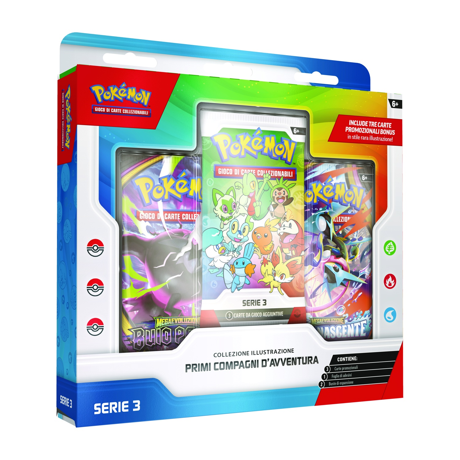 Set di carte collezionabili Pokémon con tre buste e carte promozionali bonus.