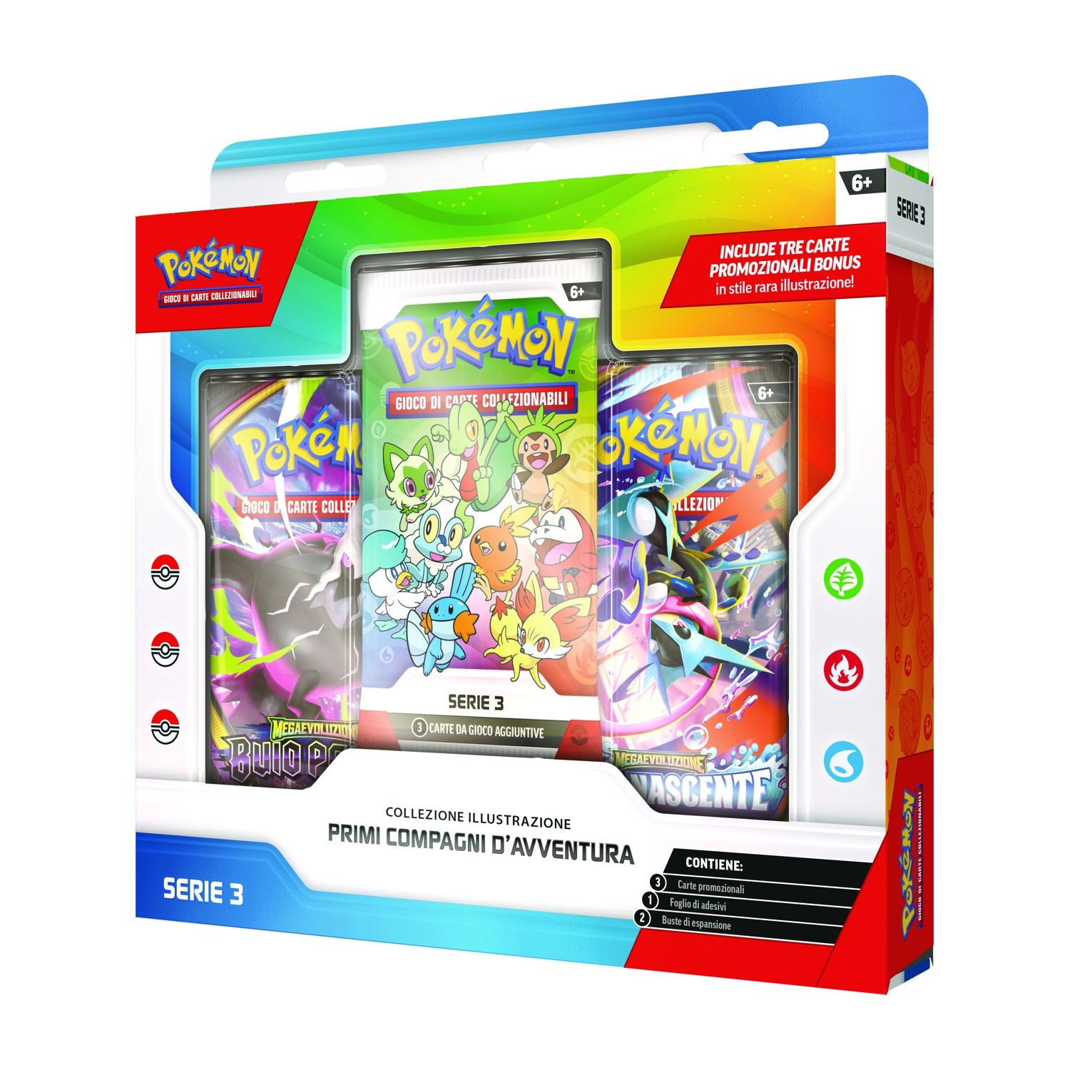 Box Gioco Carte Collezionabili Pokémon, Serie 3, con tre bustine e accessori.