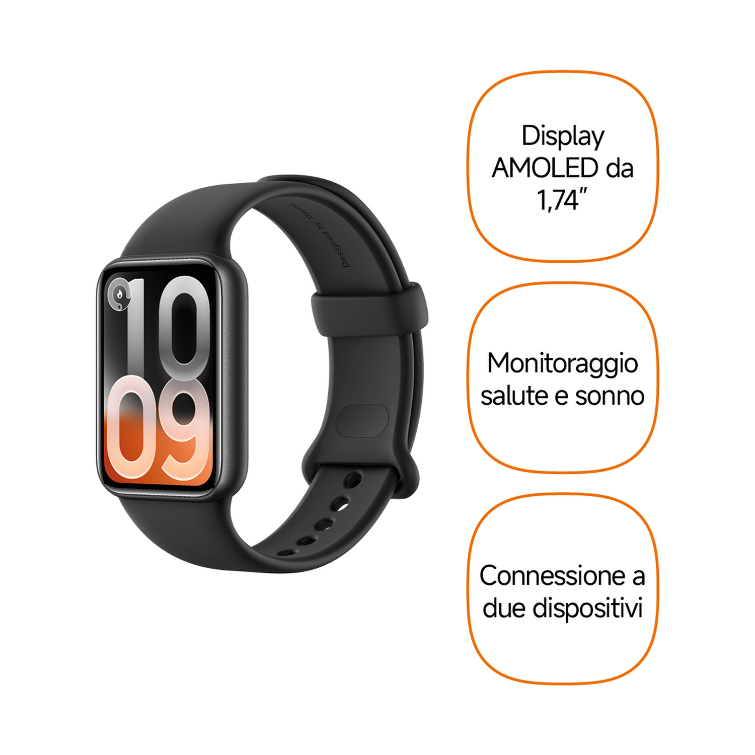 Smartband nero con display AMOLED che mostra ora, salute e sonno.