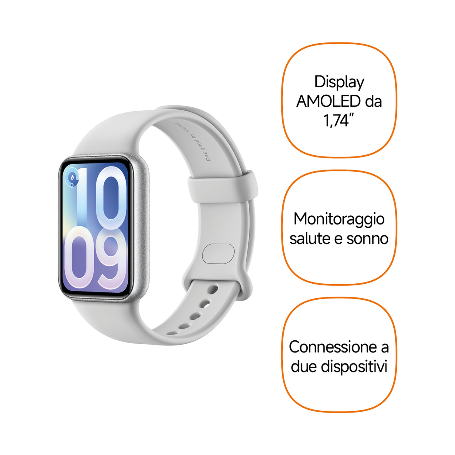 Smartband grigio con display AMOLED da 1,74" che mostra 10:09.