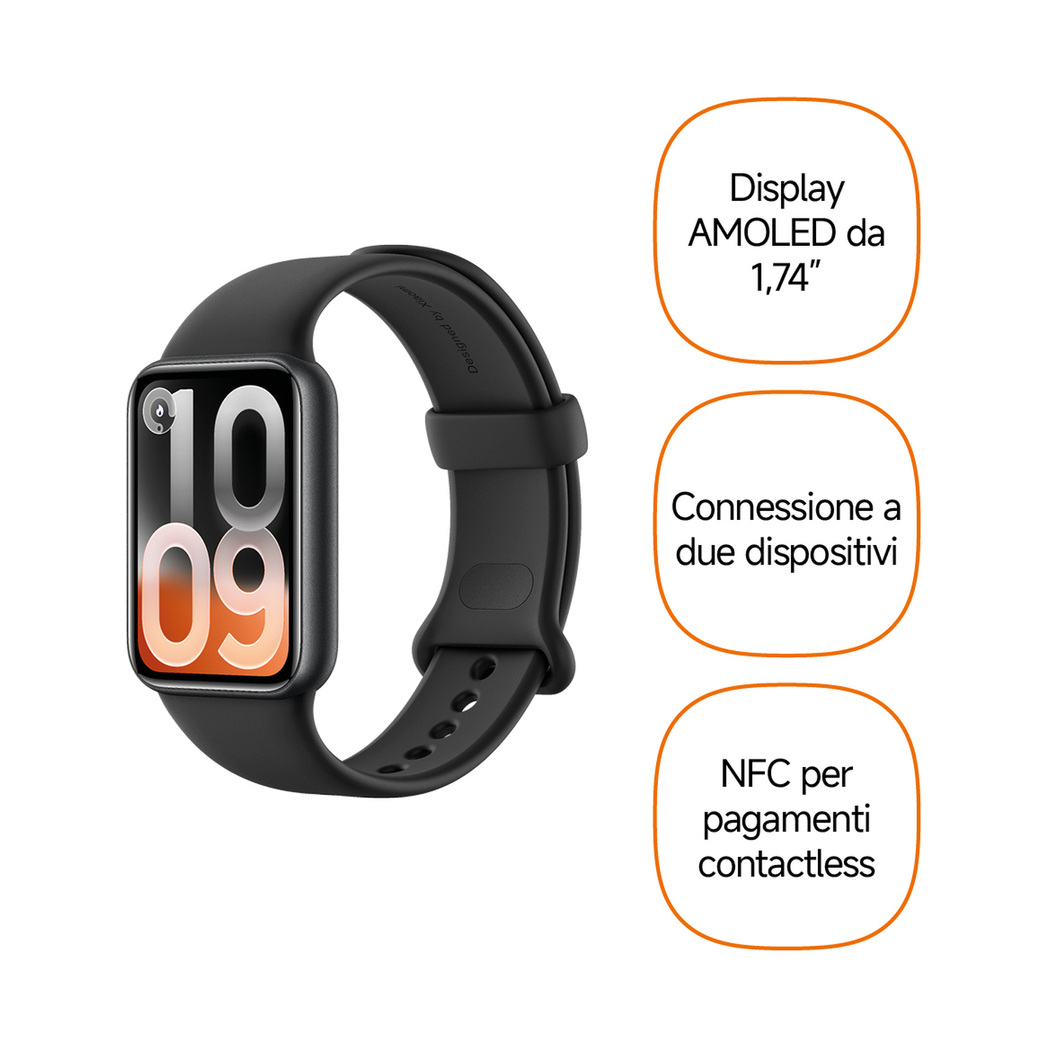 Smartwatch nero con display AMOLED che mostra le 10:09.