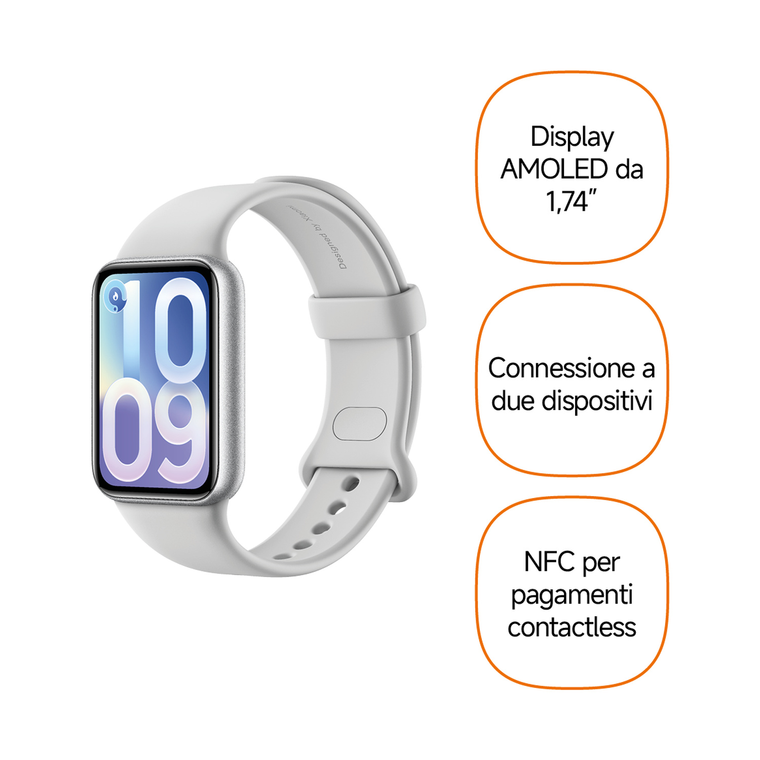 Smartwatch grigia con display AMOLED. "Designed by Xiaomi".