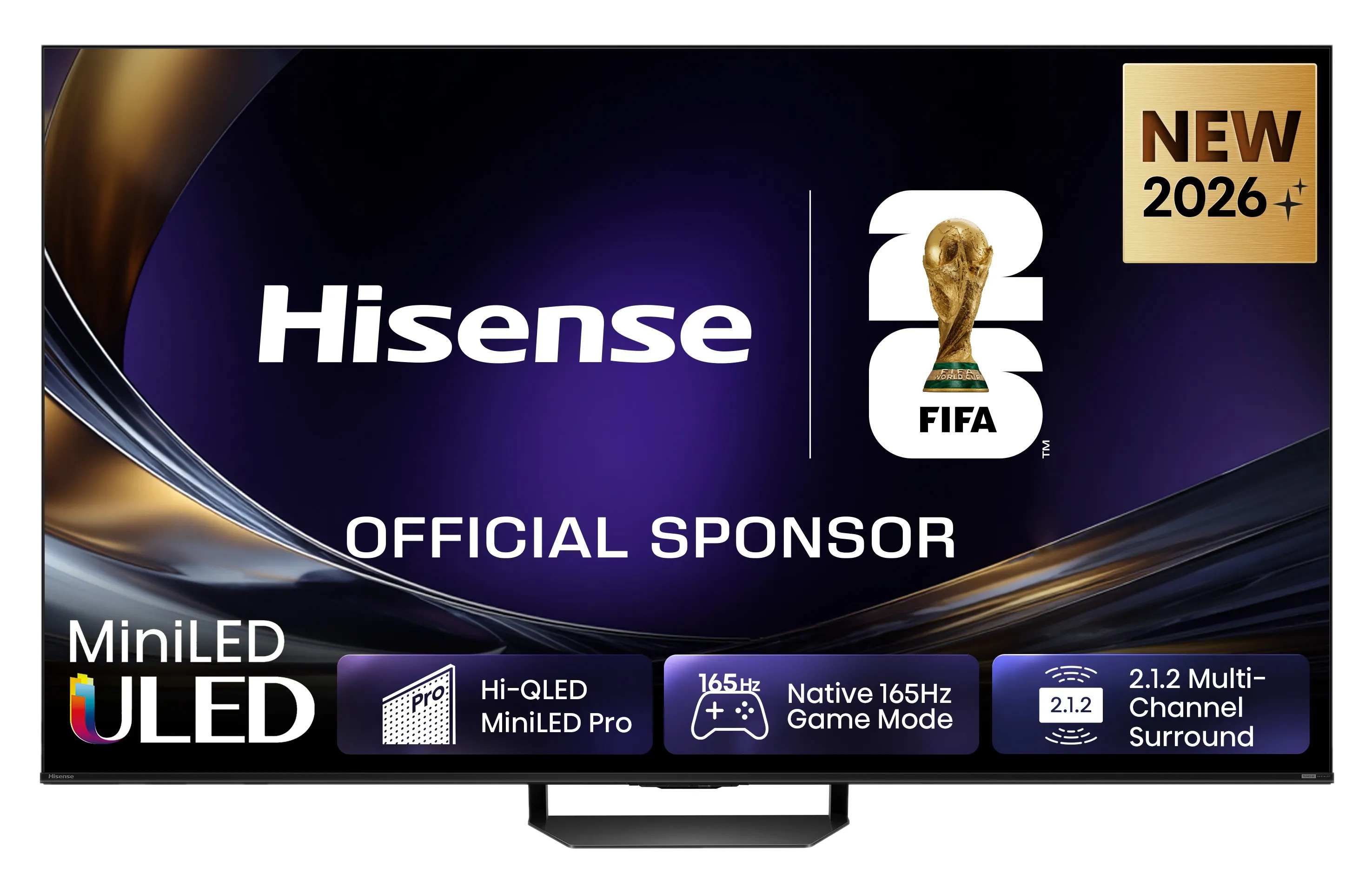 Telewizor Hisense Miniled ULED, oficjalny sponsor FIFA, nowy 2026. Hi-QLED, Tryb Gry 165Hz, dźwięk 2.1.2.