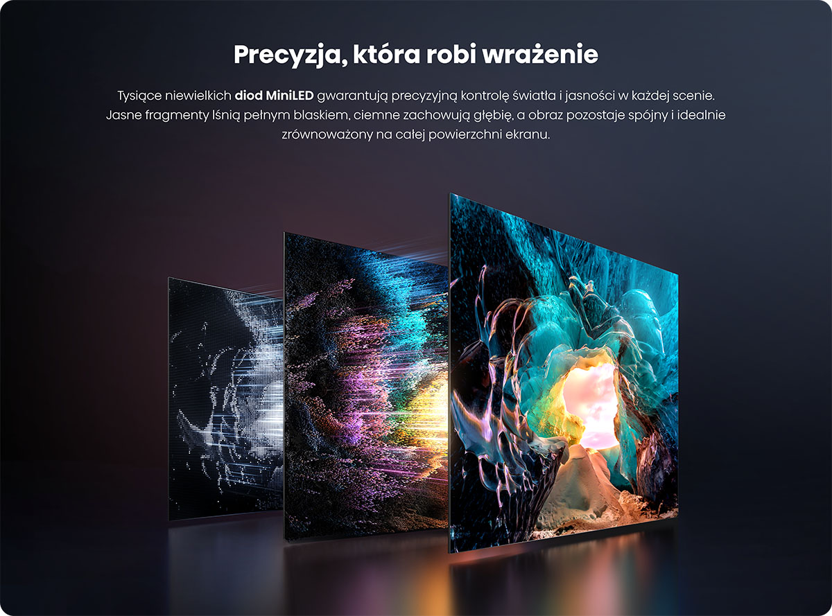 Trzy ekrany pokazują abstrakcyjne wzory i jaskinię, z technologią MiniLED.