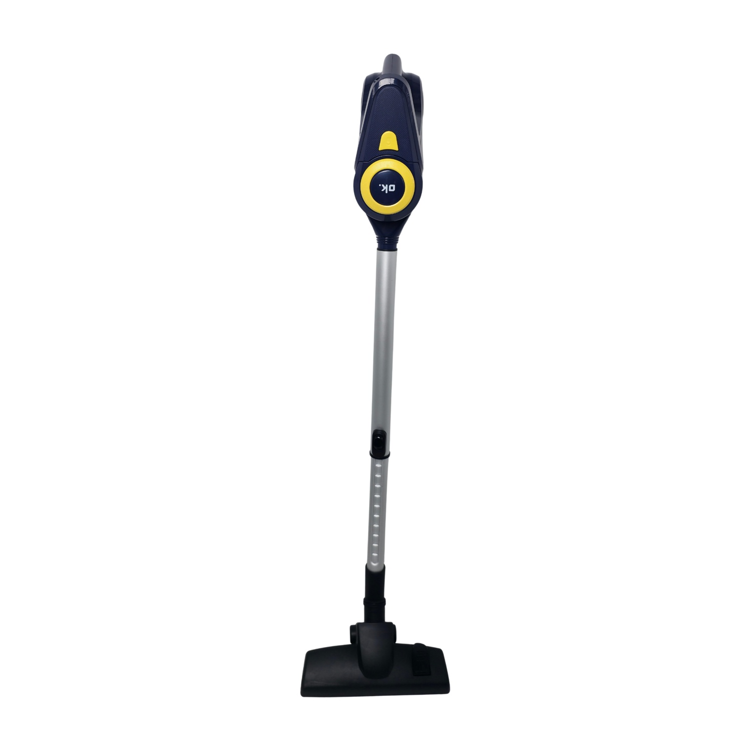 Un aspirapolvere portatile blu e giallo con tubo argentato e testina nera.