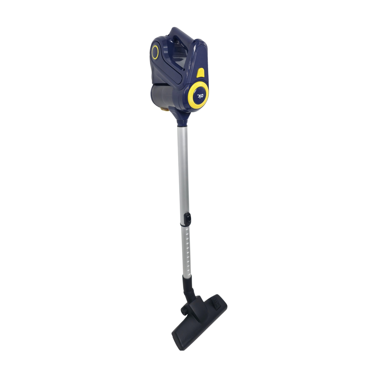 Un aspirapolvere a mano blu scuro con accenti gialli e tubo argentato.