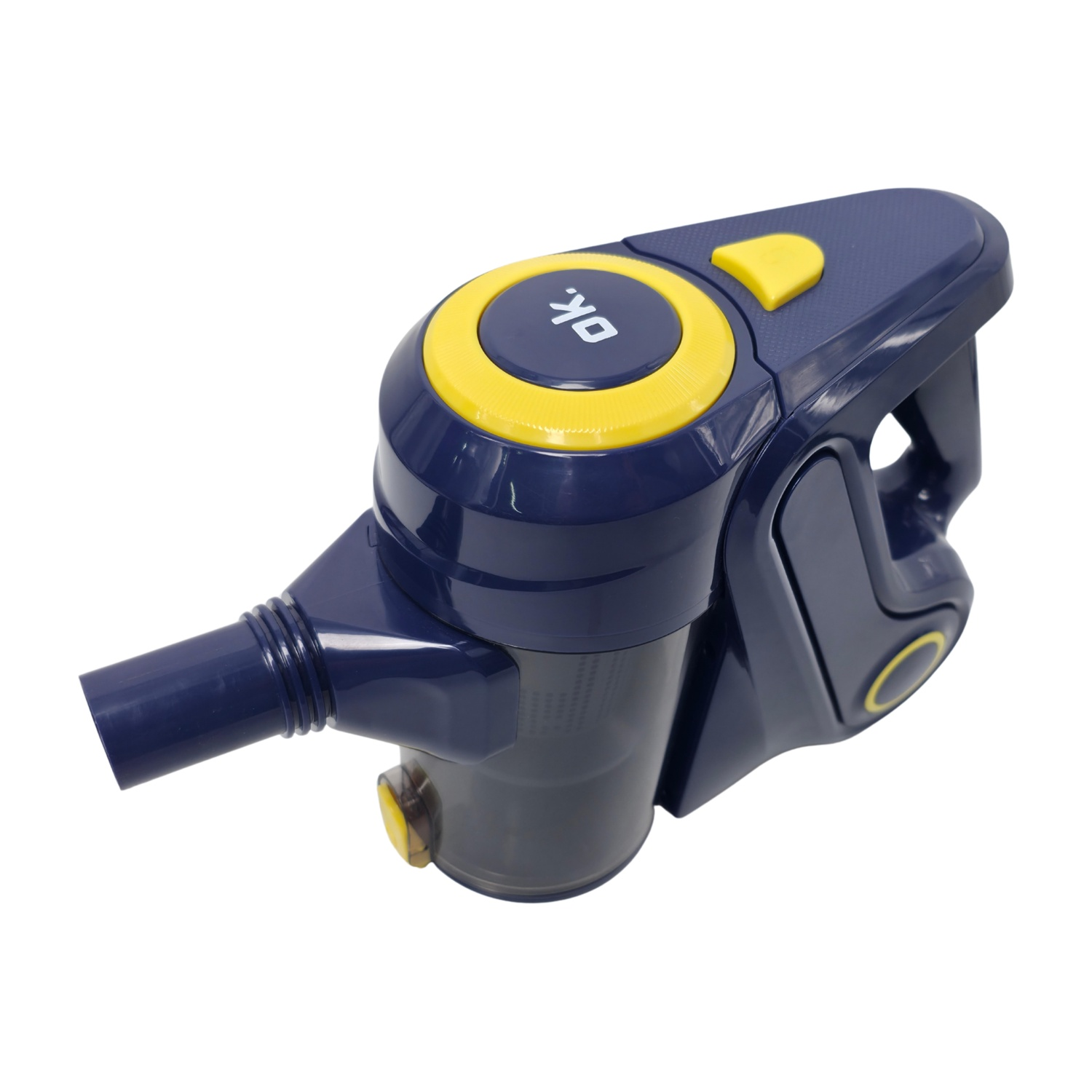 Aspirapolvere portatile blu scuro con accenti gialli su sfondo bianco.