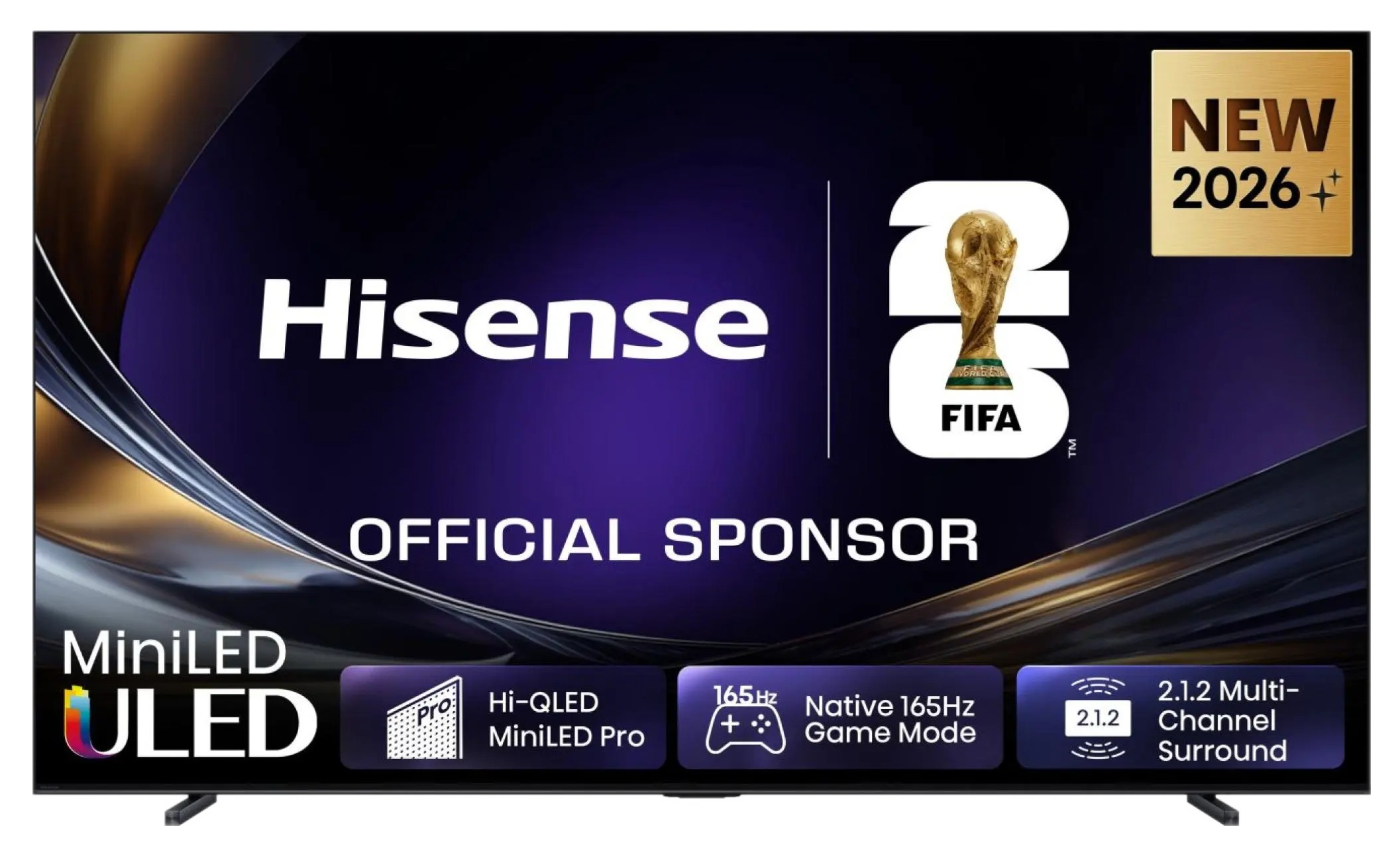 Telewizor Hisense ULED z logo FIFA, oficjalny sponsor, i 'Nowość 2026'.
