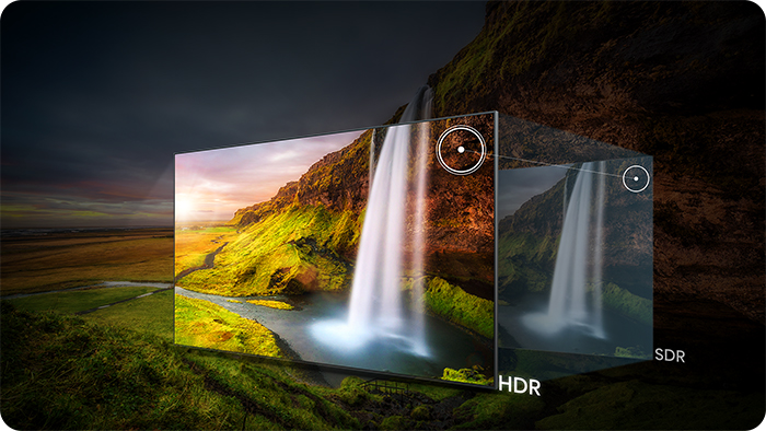 Porównanie HDR i SDR krajobrazu wodospadu na ekranie.