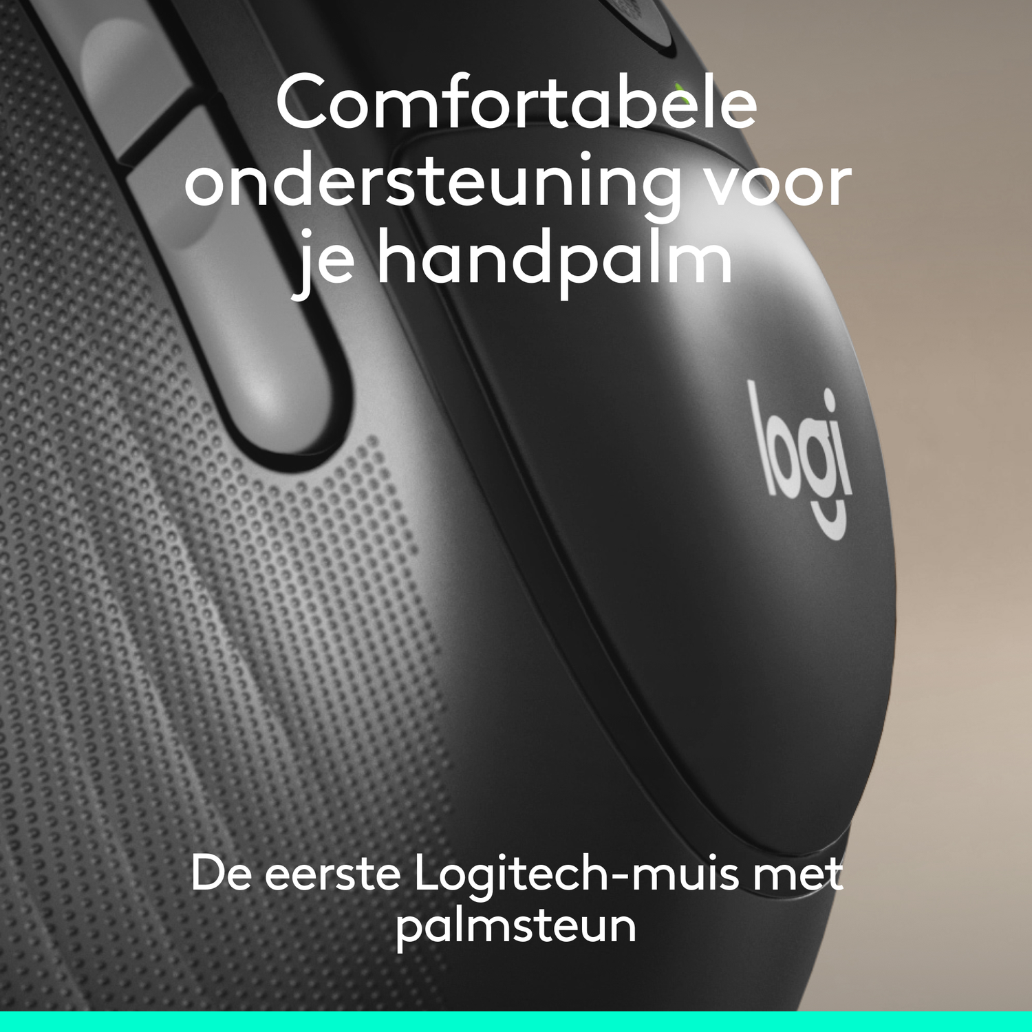Close-up of a black Logitech mouse with text about palm support.
